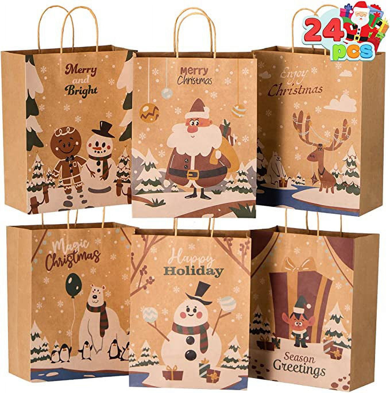 JOYIN 24 Pcs Christmas Kraft Paper Gift Bags, 10X 13 X5'' Large Gift Bags with 8 Designs for Christmas Holiday Present Wrapping Décor, Xmas Goodie Bags Party Supplies