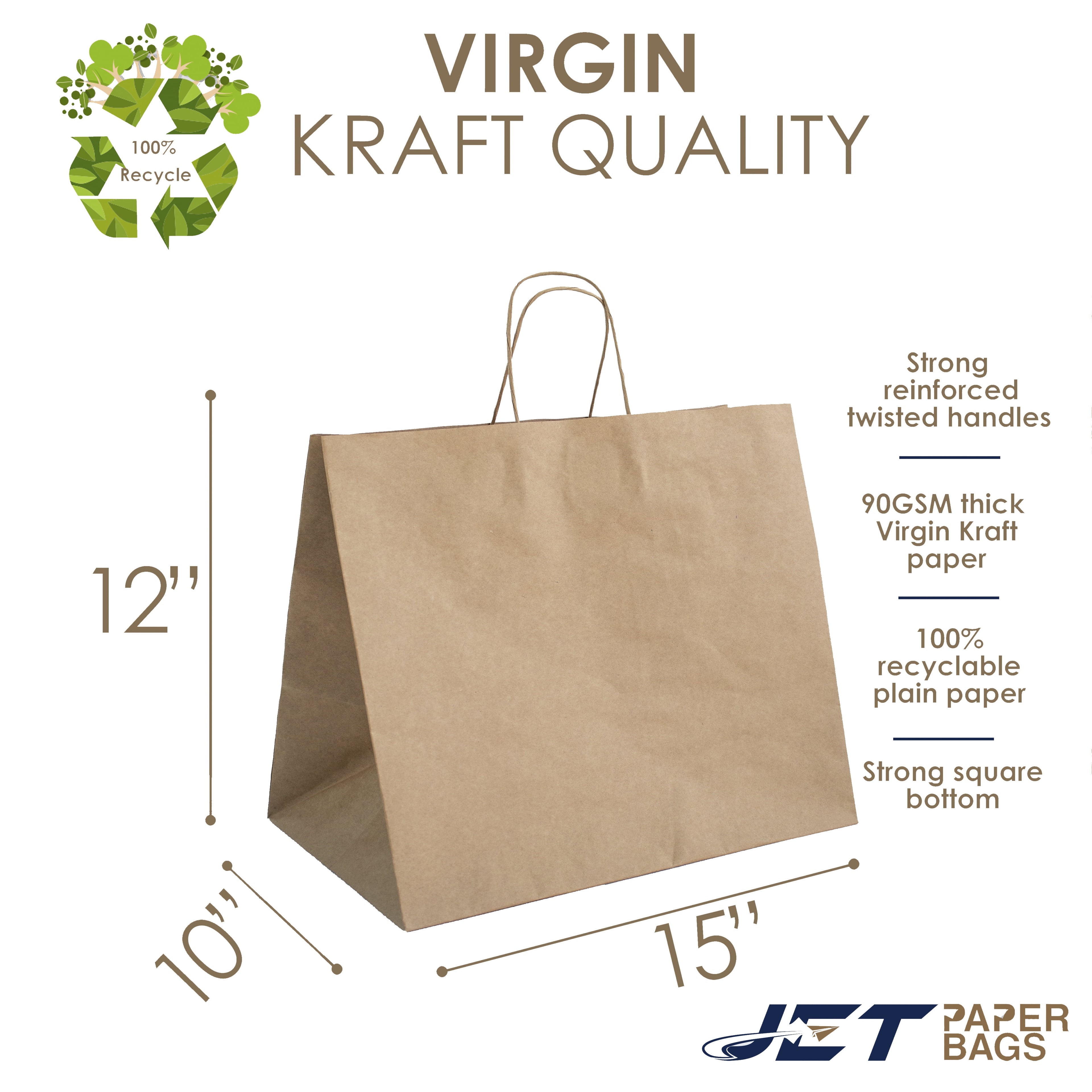 Jet Paper Bags 50 Pcs 10" x 5" x 10H" Brown Kraft Paper Shopping Bag with Twisted Handles - AYLA