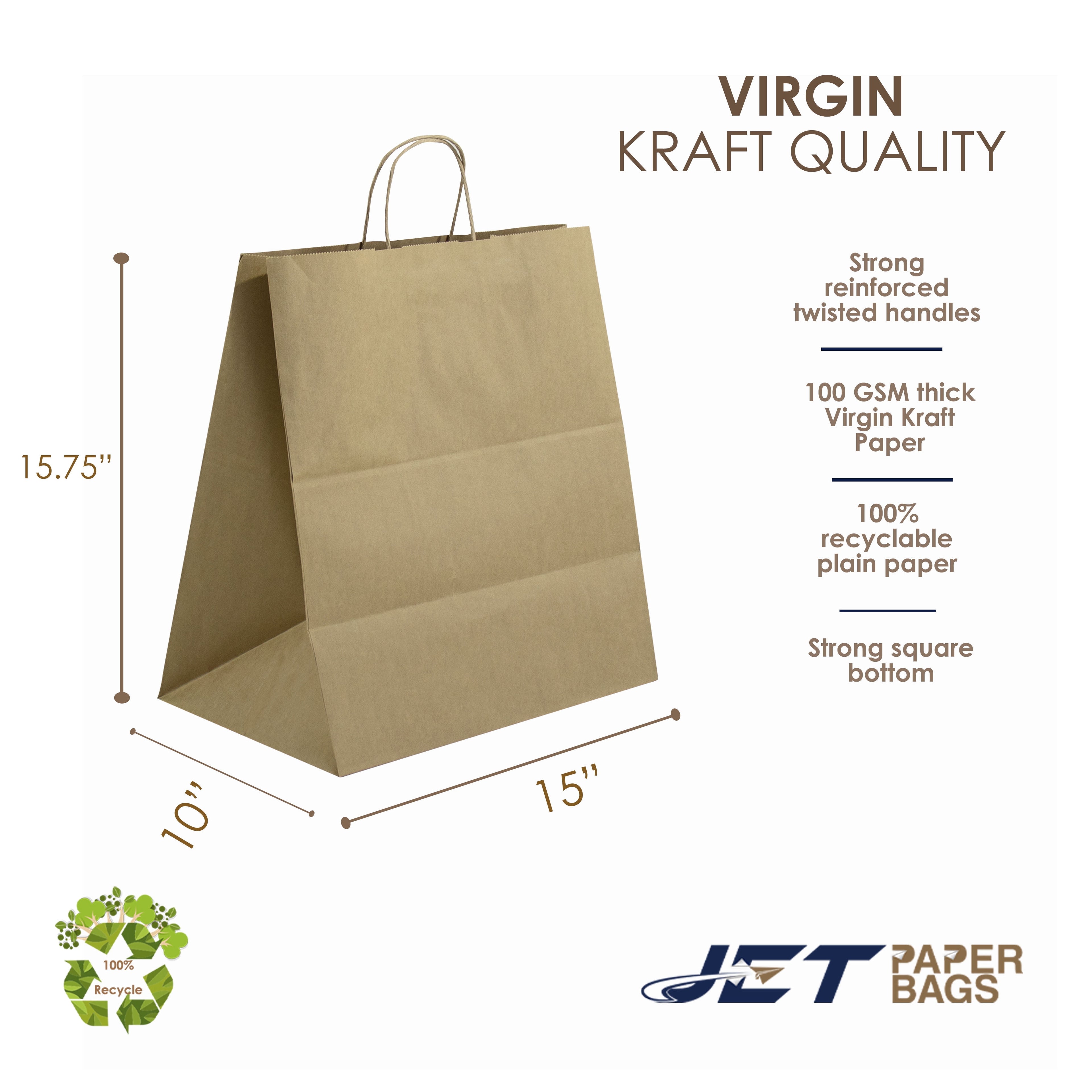 Jet Paper Bags 50 Pcs 10" x 5" x 10H" Brown Kraft Paper Shopping Bag with Twisted Handles - AYLA