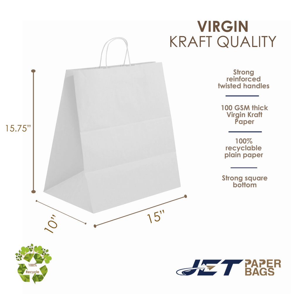 Jet Paper Bags [50 PCS] 15" x 10" x 15.75"H WHITE Virgin Kraft Paper Shopping Bag with Twisted Handles for Gift, Cargo Bags, Large Bags, Wedding, Party Favor, Thank You and More -Juna
