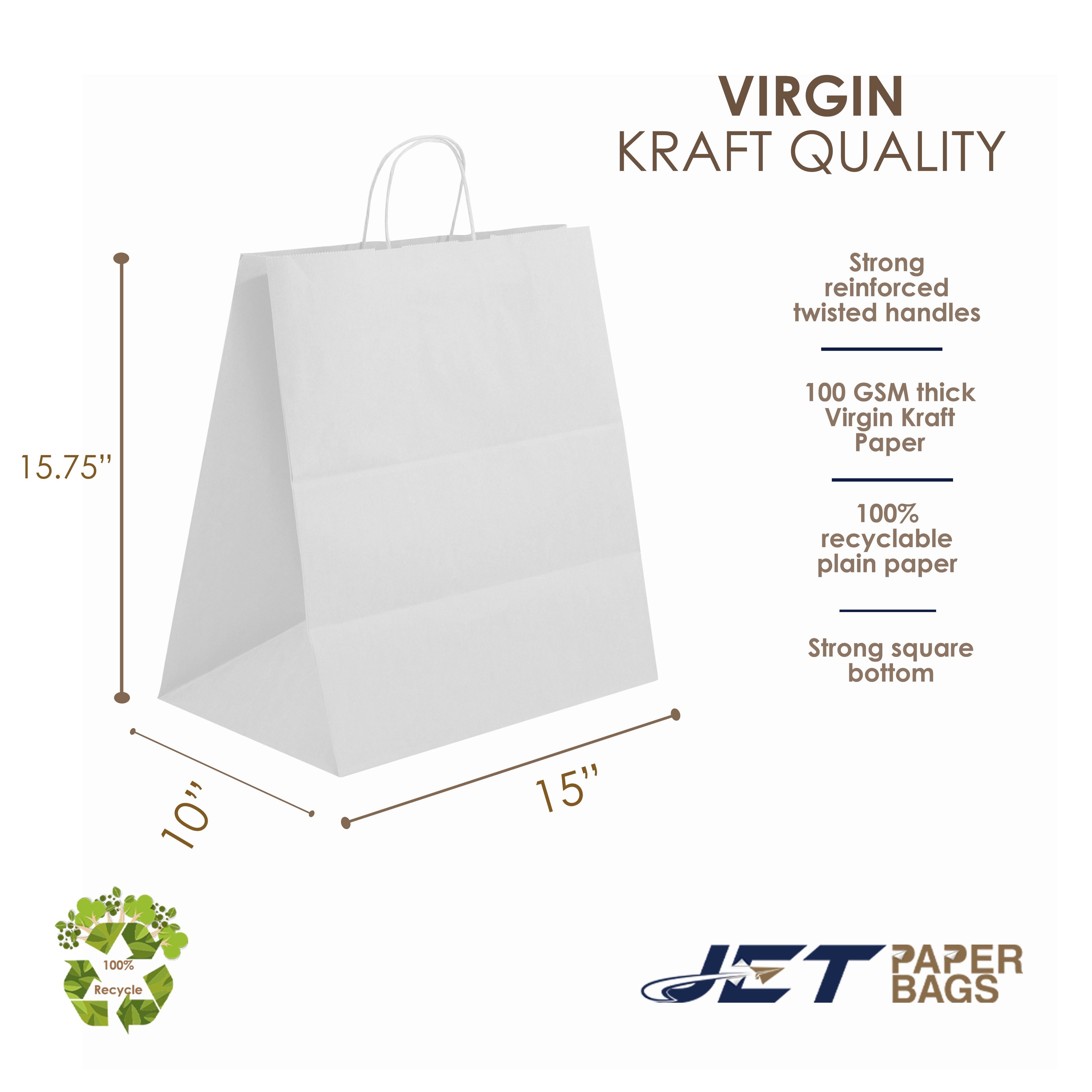 Jet Paper Bags [50 PCS] 15" x 10" x 15.75"H WHITE Virgin Kraft Paper Shopping Bag with Twisted Handles for Gift, Cargo Bags, Large Bags, Wedding, Party Favor, Thank You and More -Juna