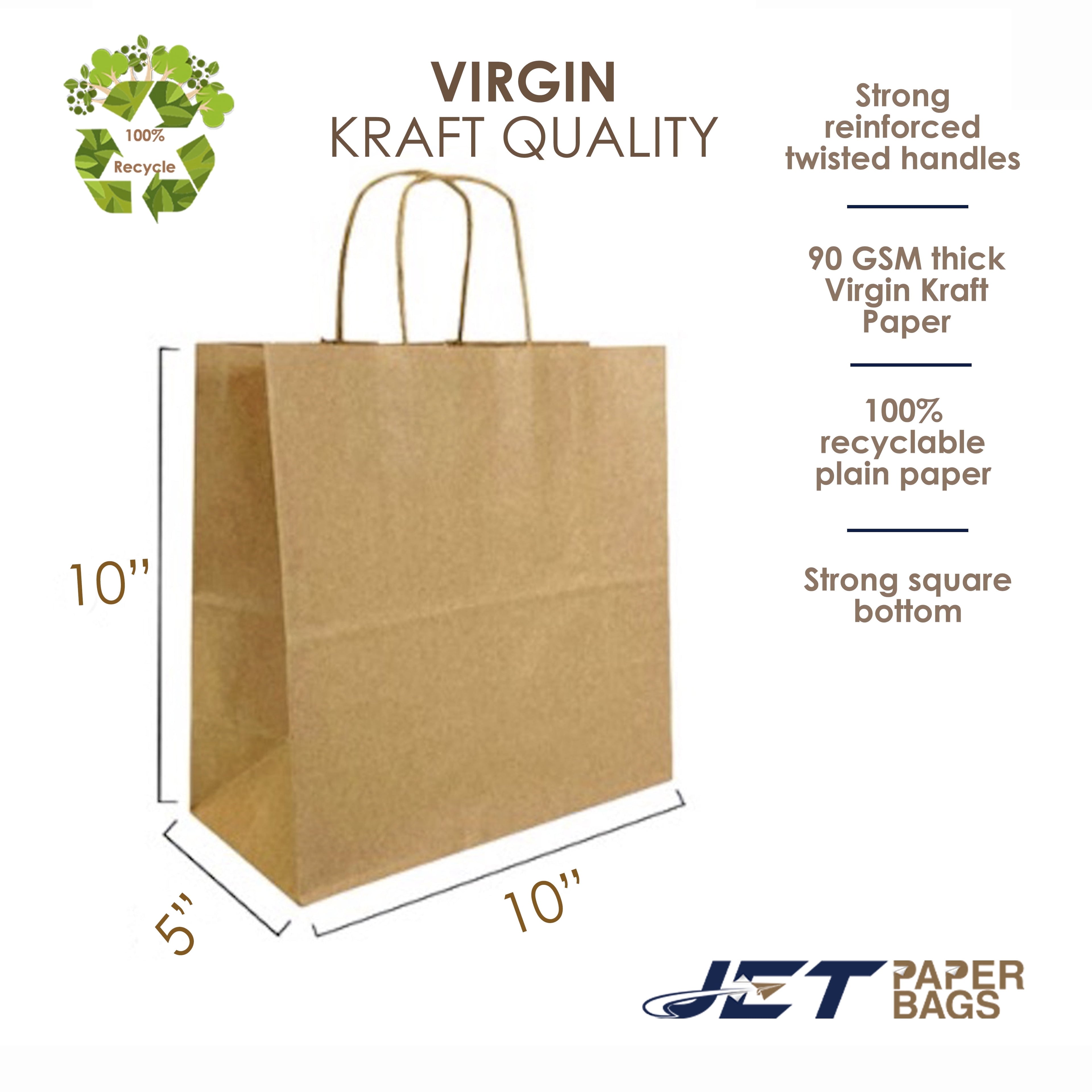 Jet Paper Bags 50 Pcs 10" x 5" x 10H" Brown Kraft Paper Shopping Bag with Twisted Handles - AYLA
