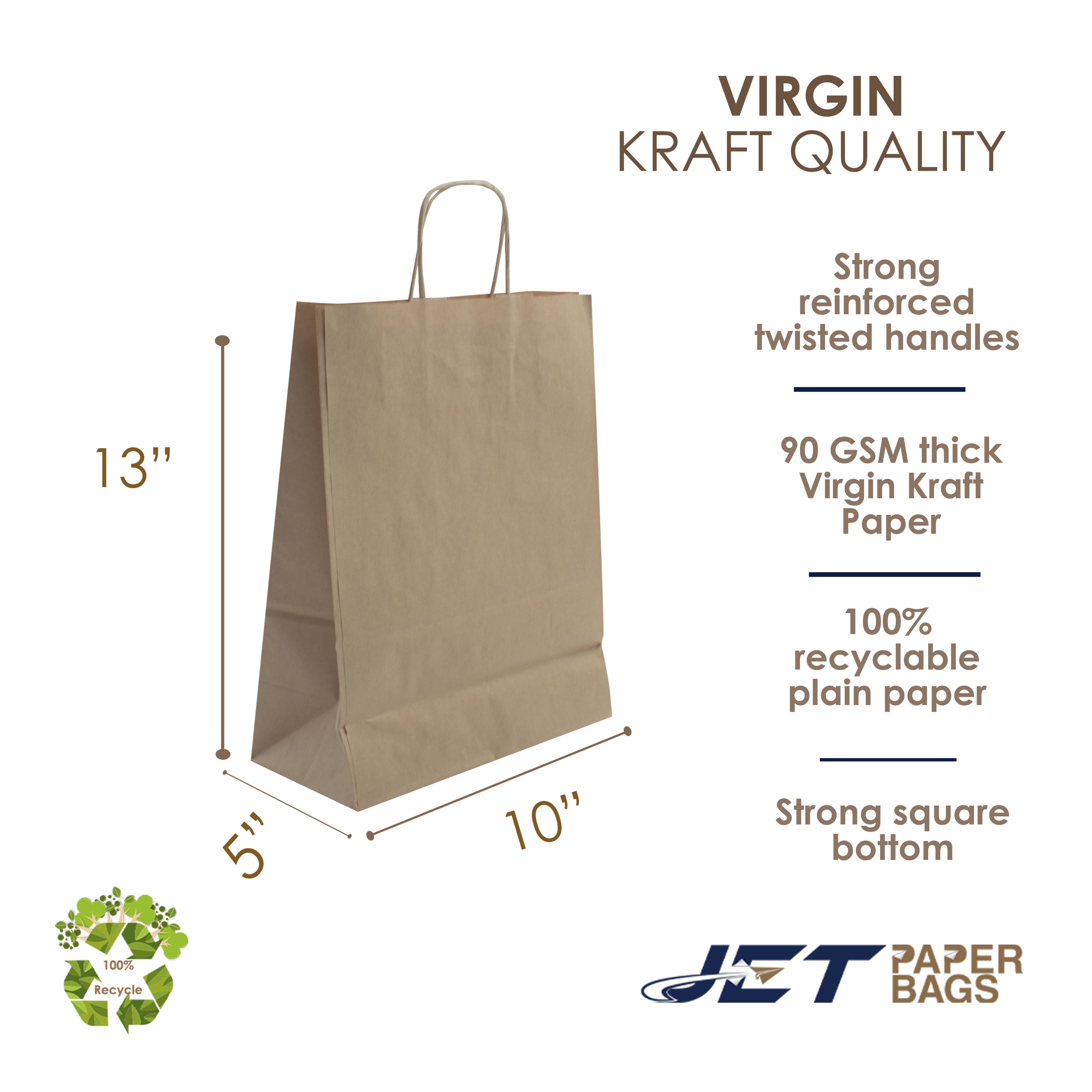 Jet Paper Bags 50 Pcs 10" x 5" x 10H" Brown Kraft Paper Shopping Bag with Twisted Handles - AYLA