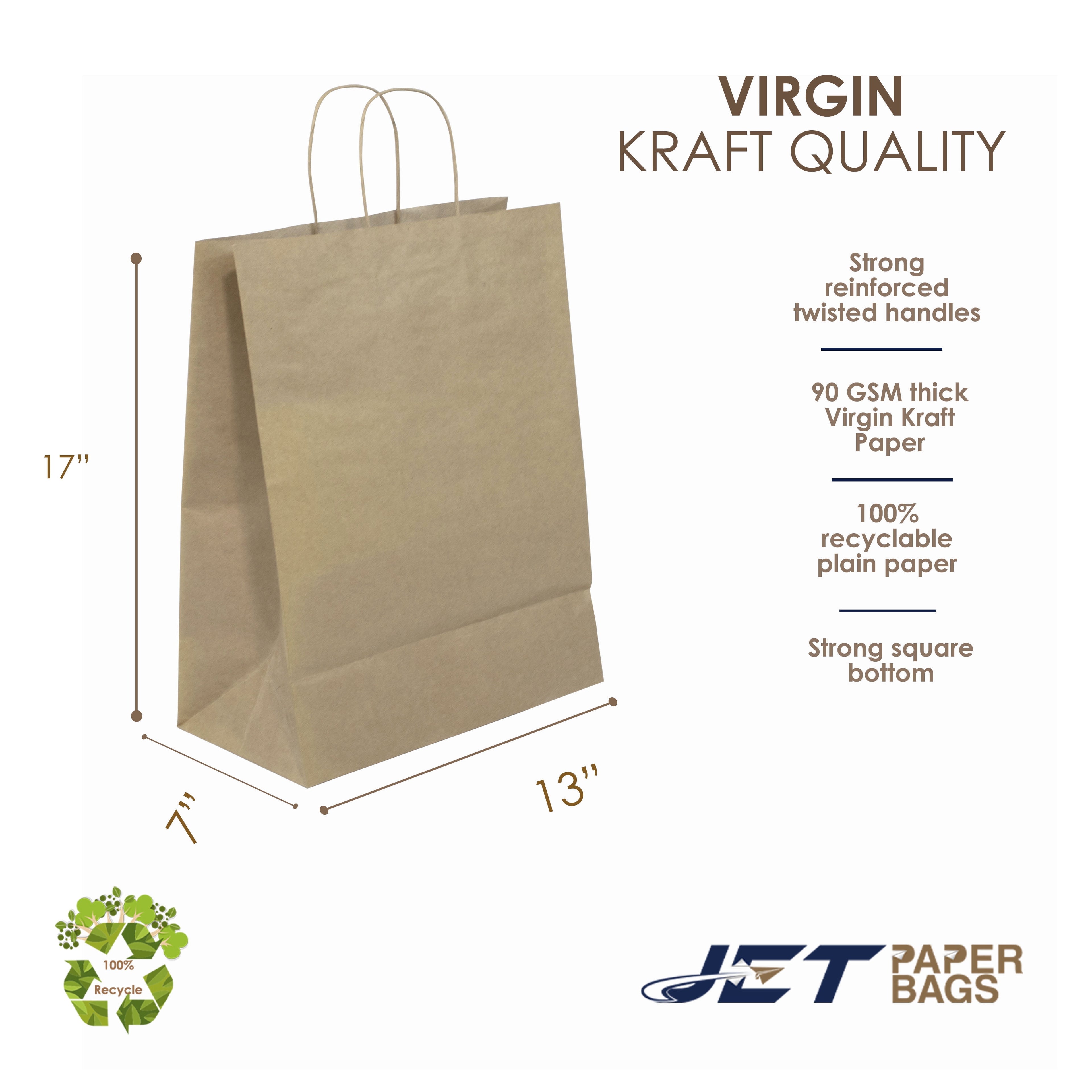 Jet Paper Bags 50 Pcs 10" x 5" x 10H" Brown Kraft Paper Shopping Bag with Twisted Handles - AYLA