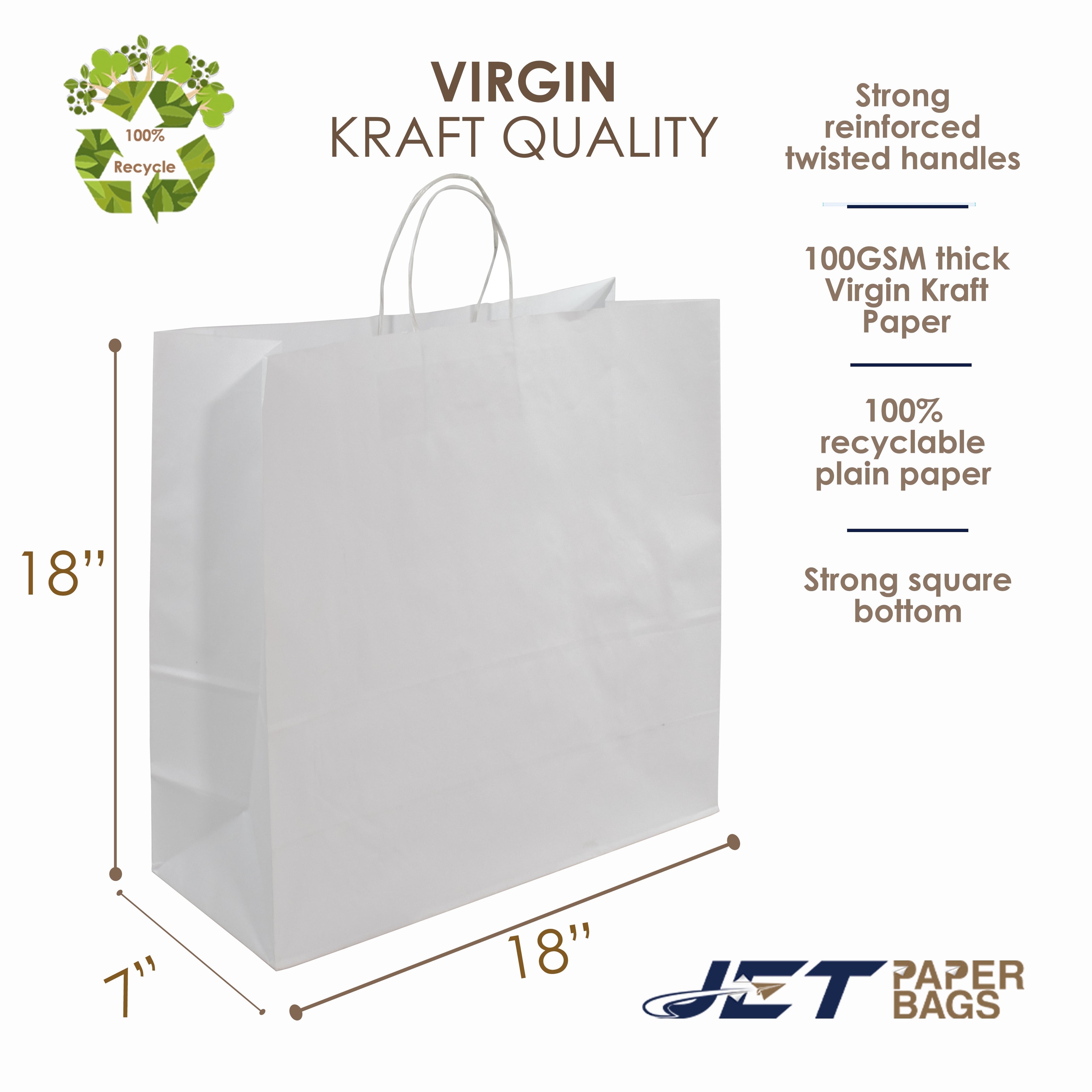 Jet Paper Bags [50 PCS] 15" x 10" x 15.75"H WHITE Virgin Kraft Paper Shopping Bag with Twisted Handles for Gift, Cargo Bags, Large Bags, Wedding, Party Favor, Thank You and More -Juna