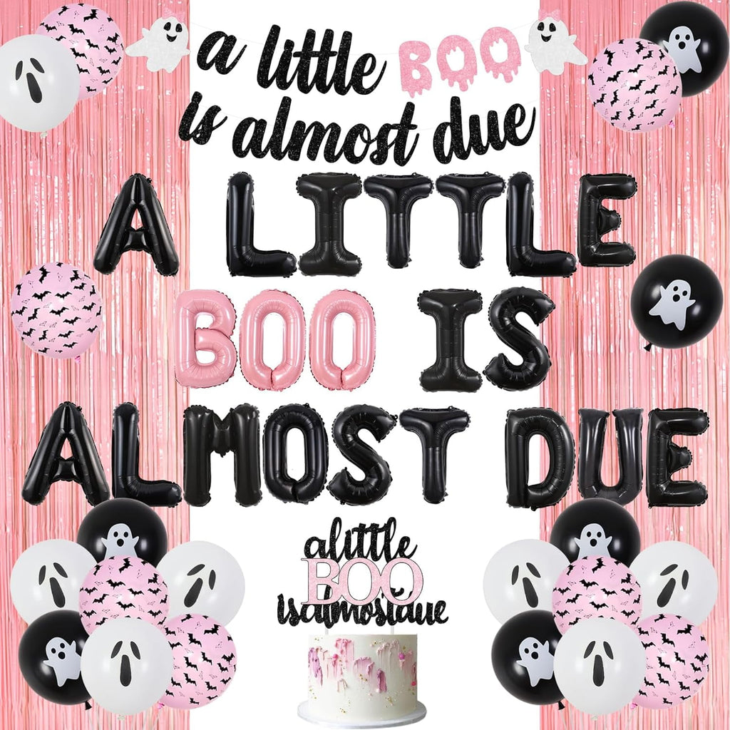 Jollyboom Halloween Baby Shower Decoration Girl, A Little Boo Is Almost Due Baby Shower Decoration Foil Balloon Cake Topper Banner Pink Fringe Curtain for Girl Halloween Baby Shower Party
