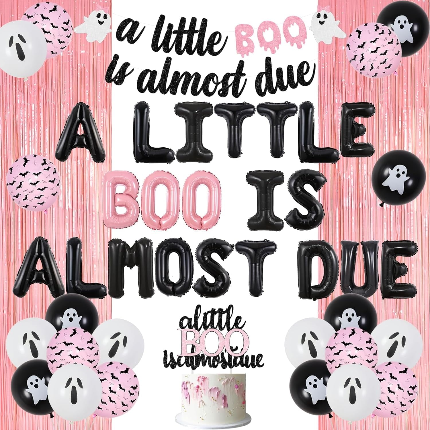 Jollyboom Halloween Baby Shower Decoration Girl, A Little Boo Is Almost Due Baby Shower Decoration Foil Balloon Cake Topper Banner Pink Fringe Curtain for Girl Halloween Baby Shower Party