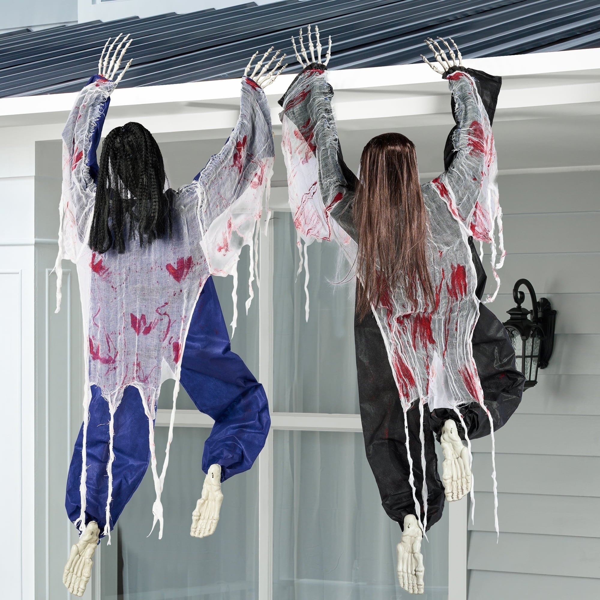 Joyfy 2 Pack 47 inch Halloween Decor Climbing Zombie Skeleton with Bloodstains,Halloween Hanging Decorations Indoor and Outdoor Yard Decorations
