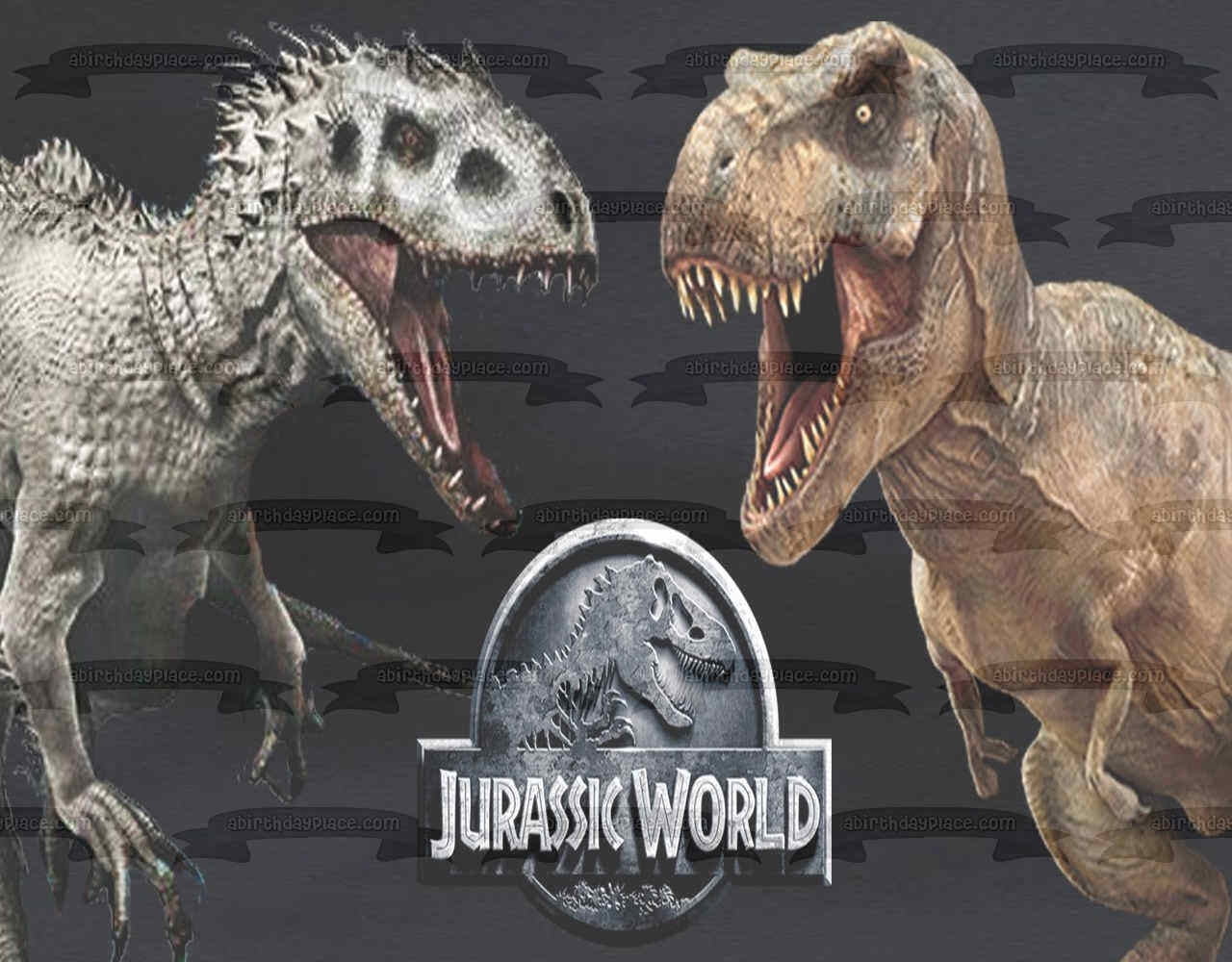 Jurassic World Logo Indominus Rex VS Tyrannosaurus Rex Edible Cake Topper Image ABPID00290V2