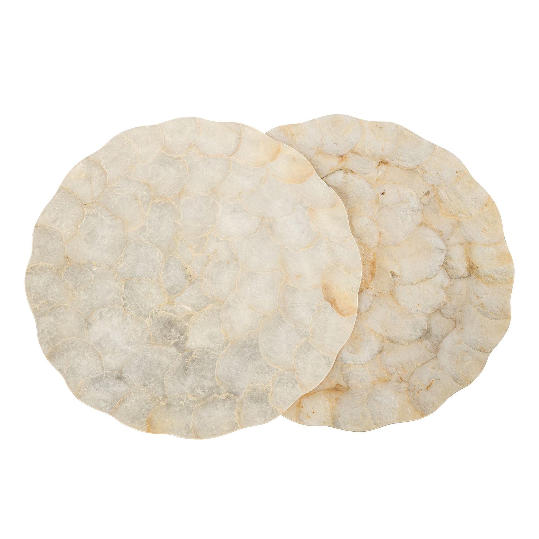 KOUBOO Round Capiz Seashell Leaf Charger Plates, Ivory-Gold-Plearlescent Rustic Water Hyacinth Decorative Charger Plater, Wedding, Party (Set of 2) 15 In