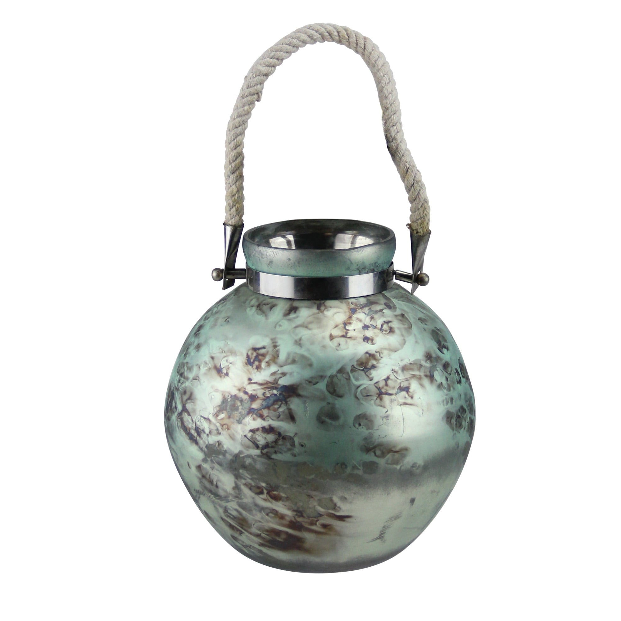 Kaemingk 14.5" Green and Black Seaside Treasures Glass Hurricane with Rope Handle