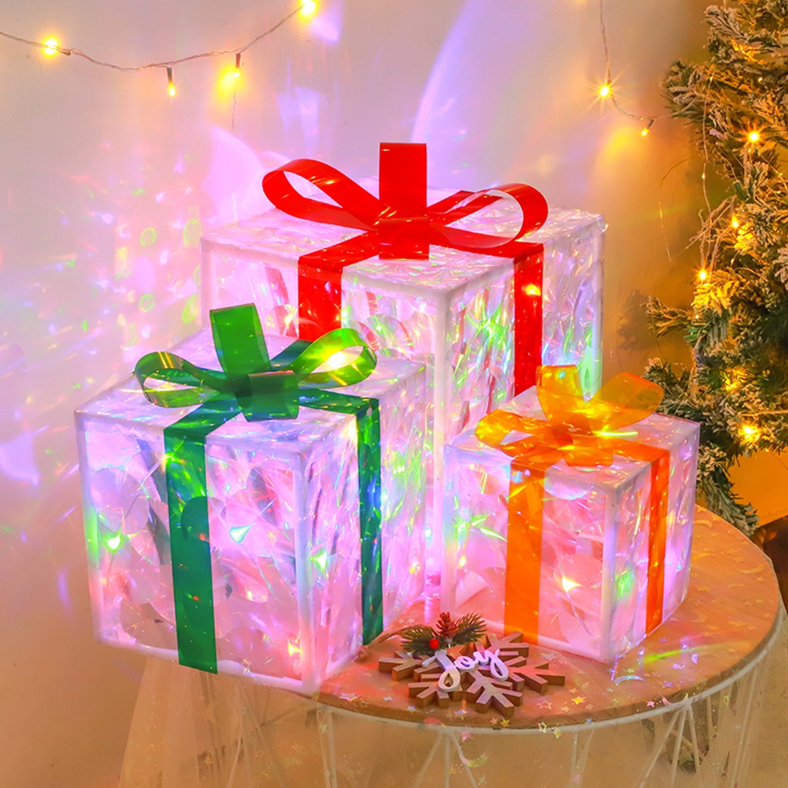 KeirineCC 3 Pack Christmas Lighted Gift Boxes Decor, Battery Operated Light up Gift Box, Christmas Decorations Tree Indoor Outdoor Home Xmas Present Box - Pink