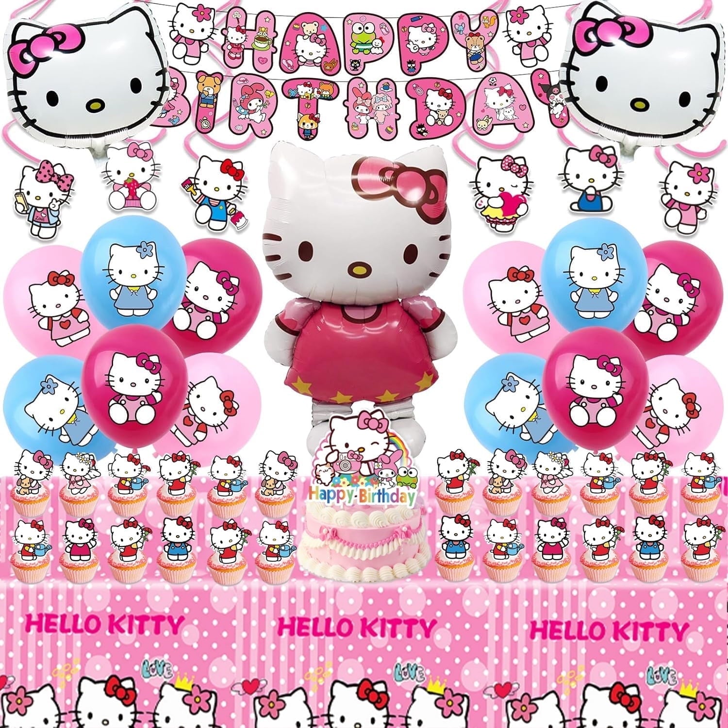 Kitty Birthday Party Supplies, Party Decorations Set Include Banner, Balloons, Hanging Swirls, Cake Cupcake Toppers, Tablecloth for Girls Kitty Theme Party