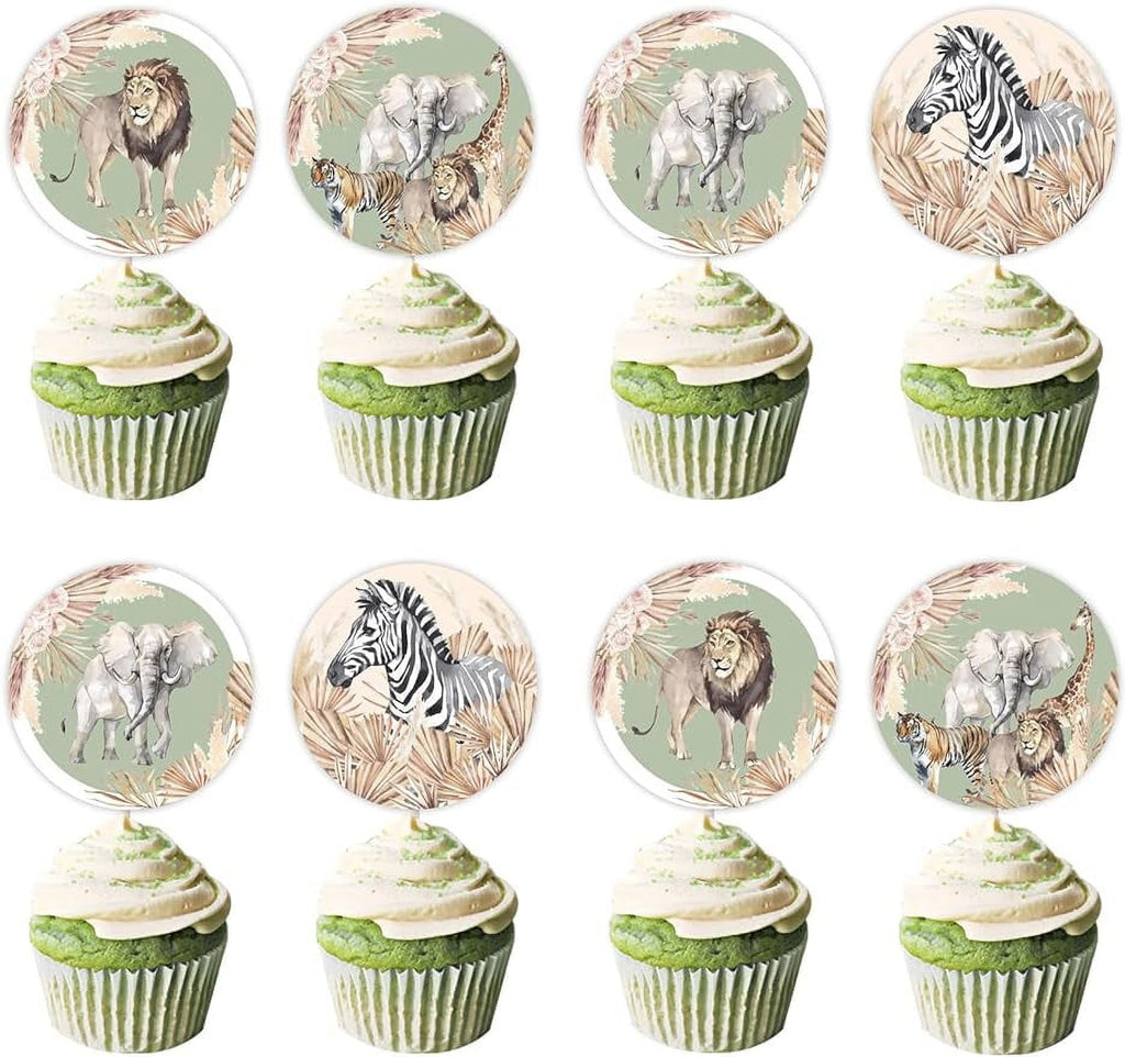 Kreatwow Jungle Safari Animals Cake Toppers Retro Green Cupcake Toppers with Elephants and Lions Jungle Safari Birthday Cake Decorations for Wild One Wild Two Jungle Safari Birthday Safari Baby Shower