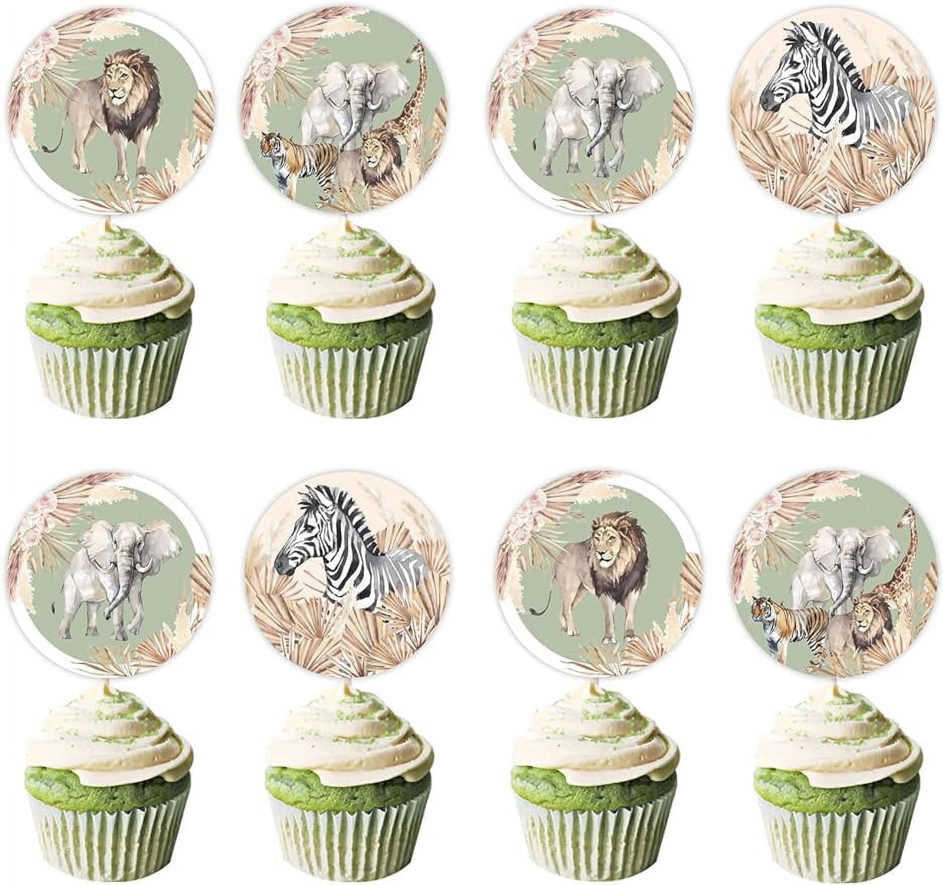 Kreatwow Jungle Safari Animals Cake Toppers Retro Green Cupcake Toppers with Elephants and Lions Jungle Safari Birthday Cake Decorations for Wild One Wild Two Jungle Safari Birthday Safari Baby Shower
