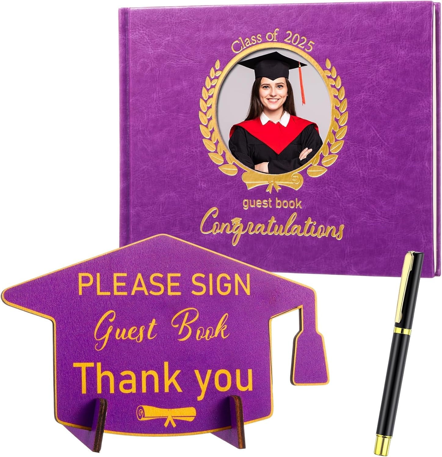 Leather Graduation Guest Book with Grad Stand and Signature Pen Guest Sign in Book 2025 Grad Memory Registry Guestbook for College High School Graduation Party Gifts Supplies(Black Gold)