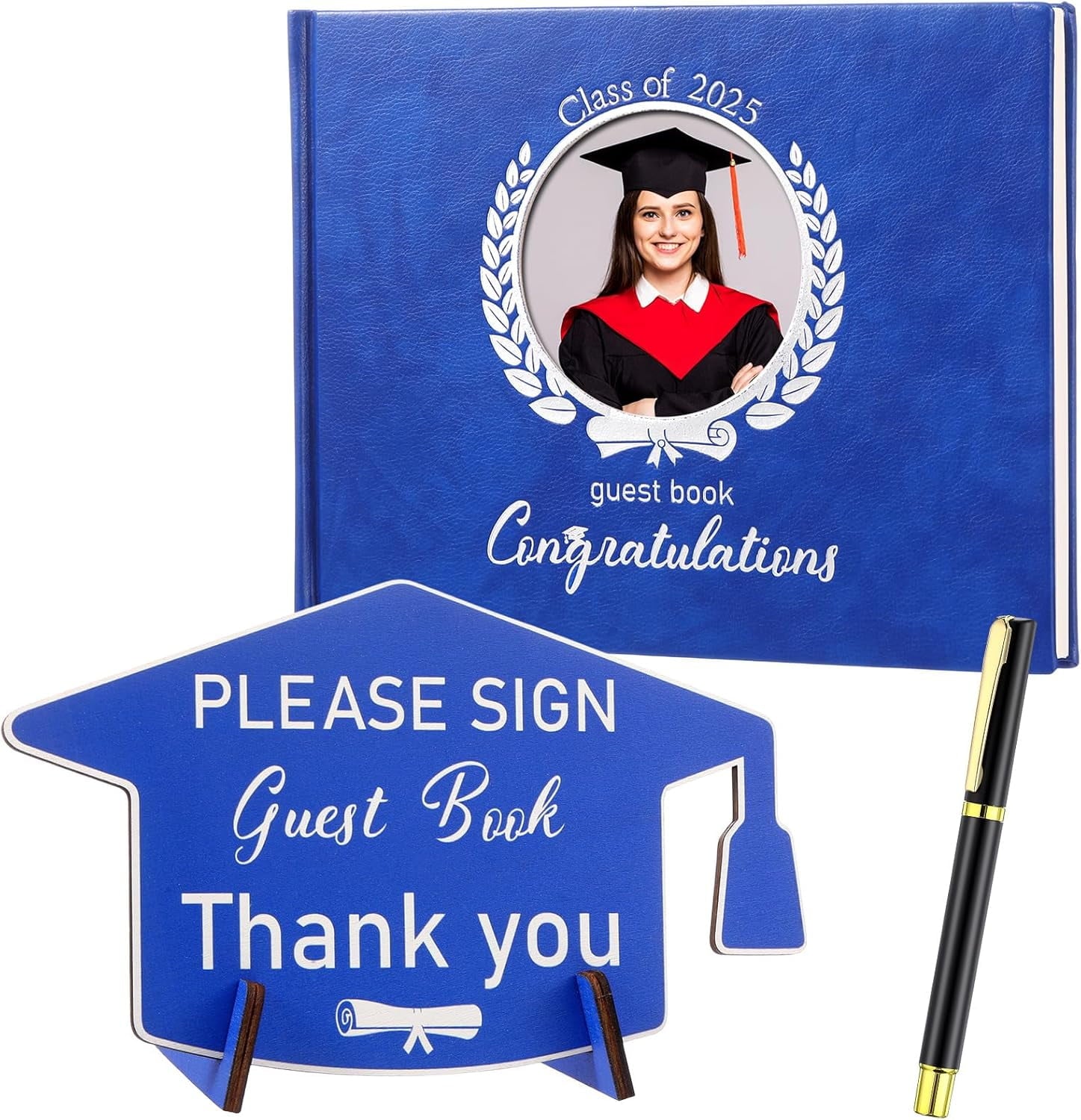 Leather Graduation Guest Book with Grad Stand and Signature Pen Guest Sign in Book 2025 Grad Memory Registry Guestbook for College High School Graduation Party Gifts Supplies(Black Gold)