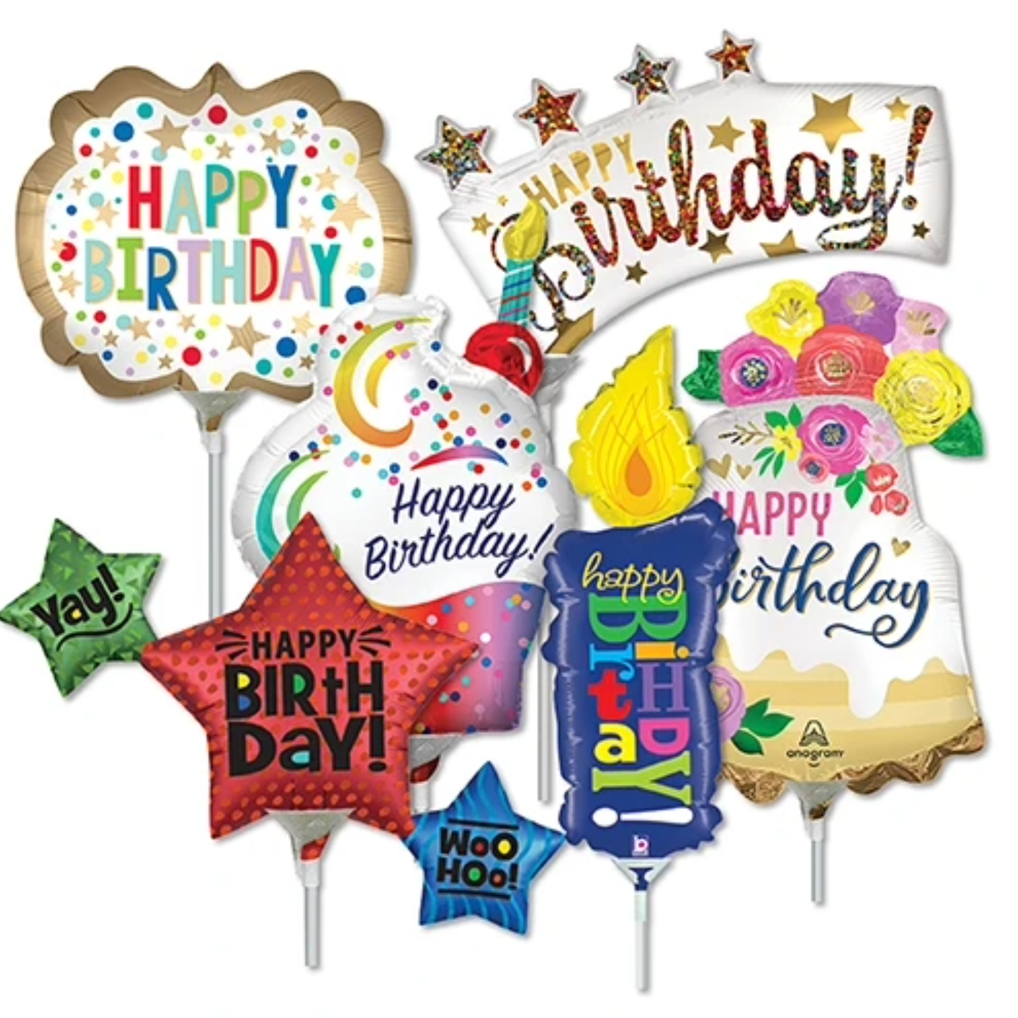 LoonBalloon 14 Inch Birthday Theme Minishape Stick Balloons (16 Pack)- Pre-Inflated