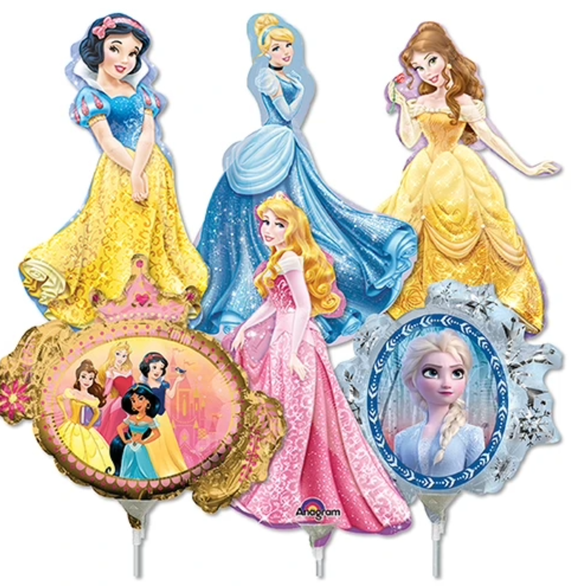 LoonBalloon 14 Inch Princess Theme Stick Balloons (16 Pack) - Pre-Inflated