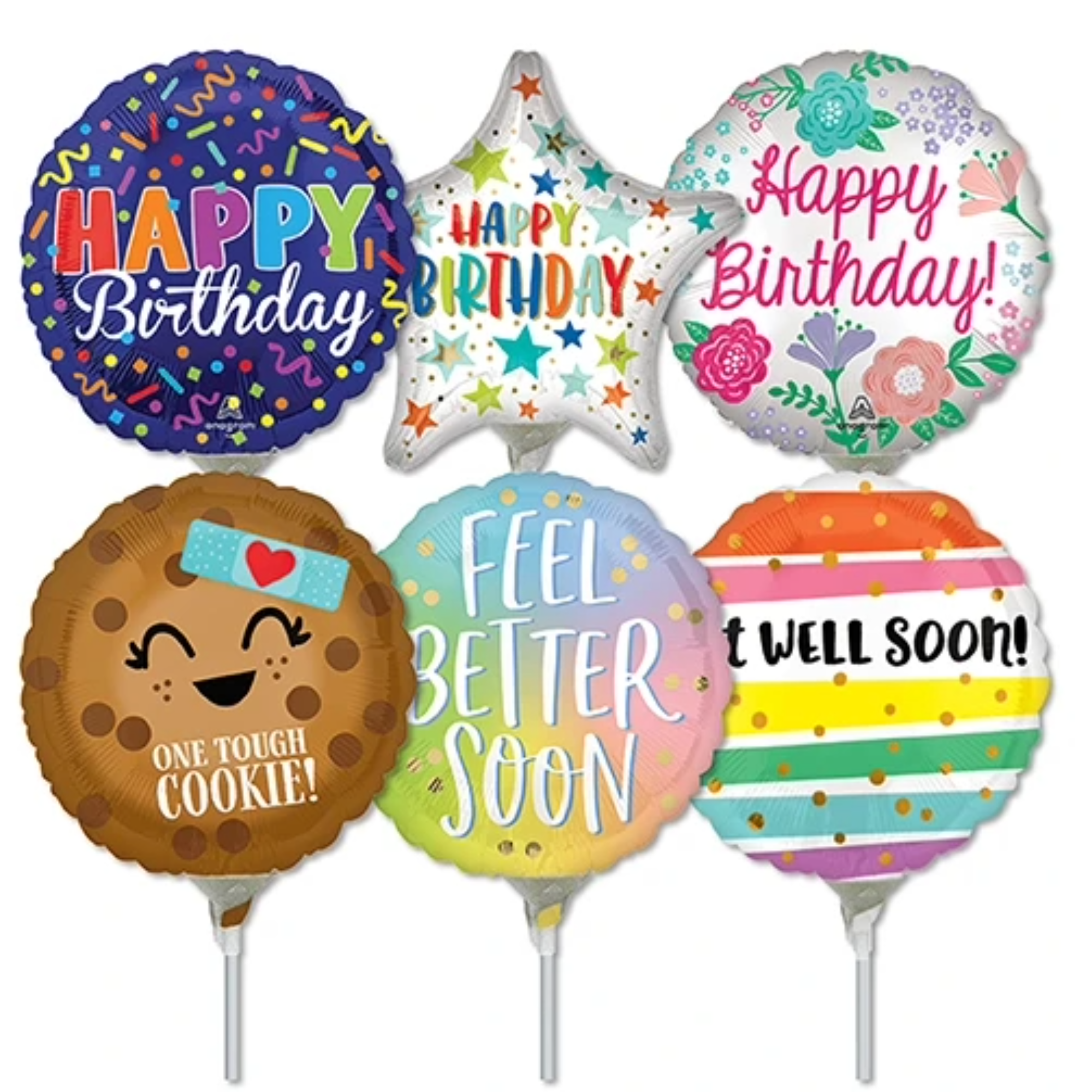 LoonBalloon 9 Inch Birthday & Get Well Stick Value Pack Balloons (30 Pack) - Pre-Inflated