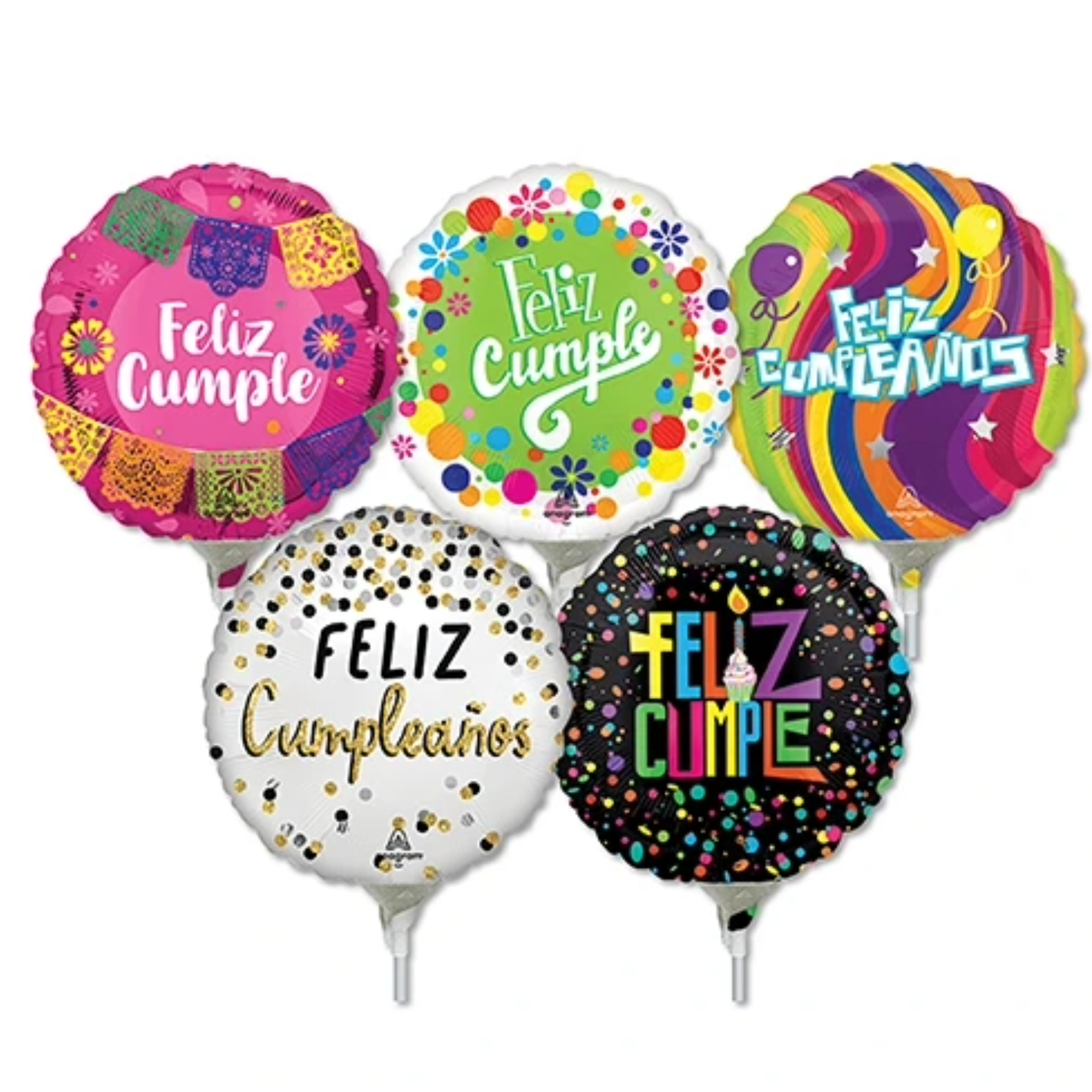 LoonBalloon 9 Inch Spanish Birthday Stick Value Pack Balloons (30 Pack) - Pre-Inflated