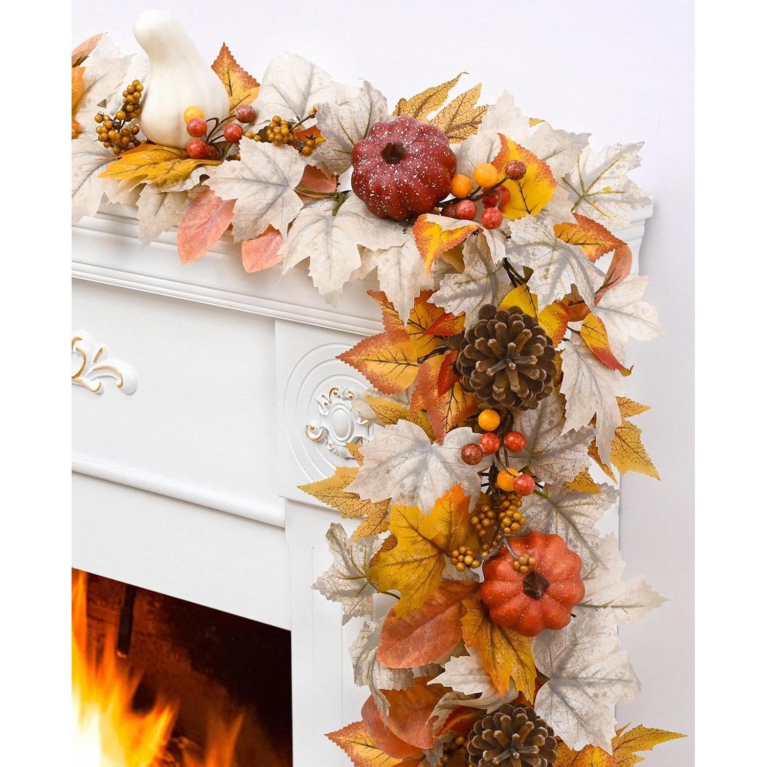 Lyacmy 6 FT Orange Fall Garland for Mantle Fall Decorations for Home, Pumpkins Maple Leaves Lighted Fall Garland for Home Fall Decor Outdoor Indoor