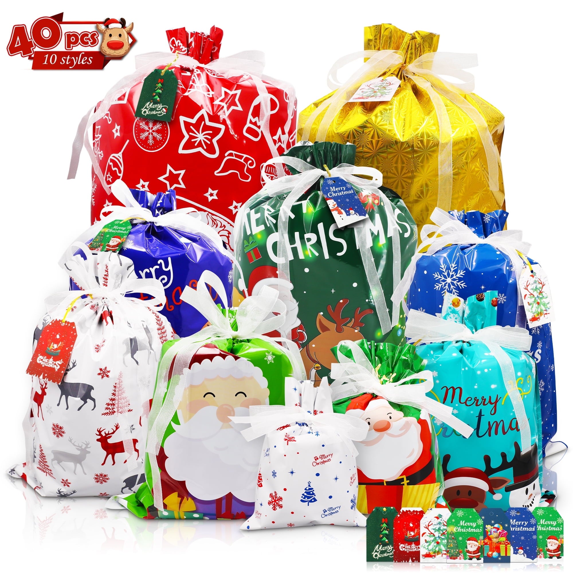 MAGOTAN 40PCS Christmas Gift Bags,10 Seconds Wrapping Gift,Holiday Gift Bags Assorted,Reusable Foil Gift Wrapping Sacks Pouches Xmas Presents Party Favor Goody Bags Jumbo
