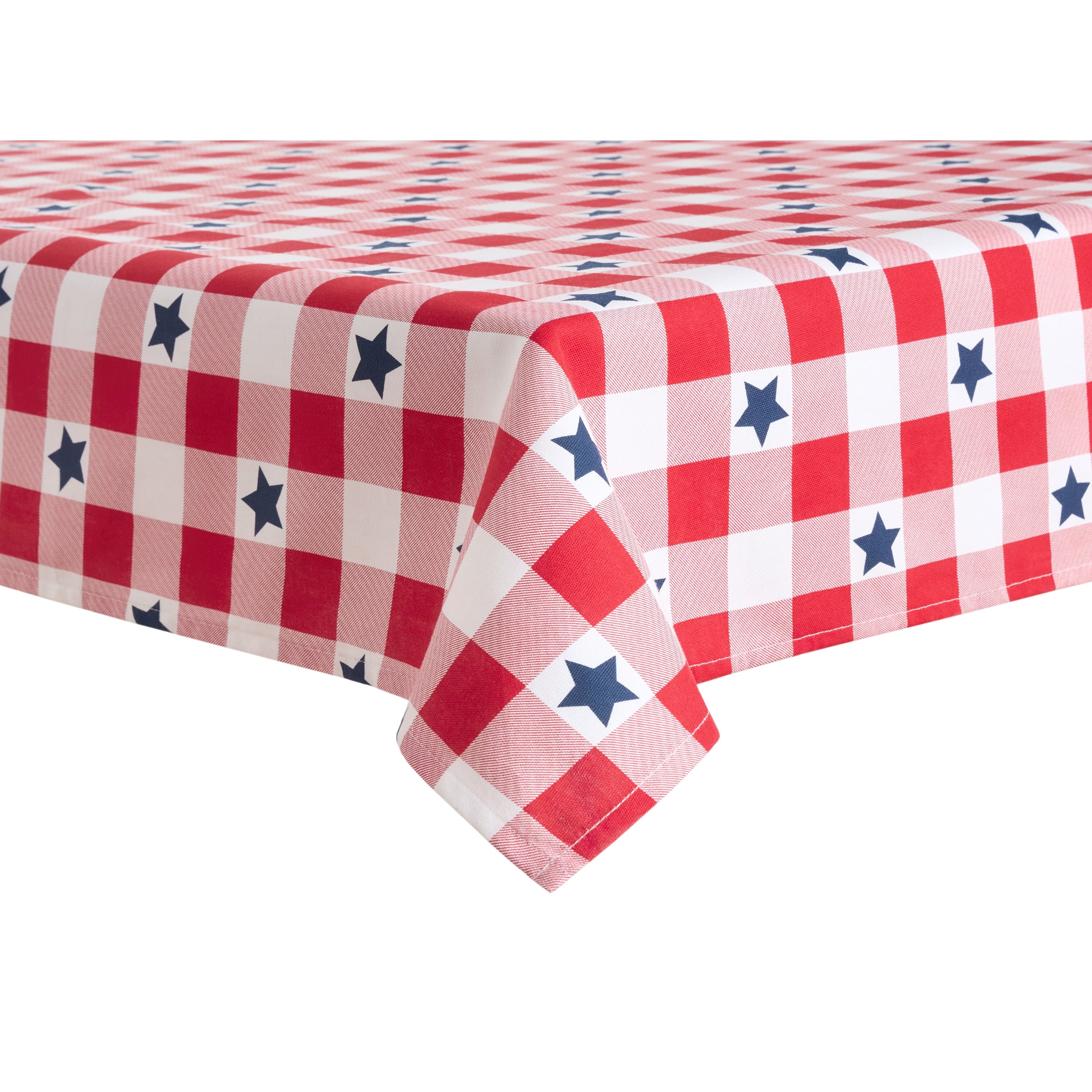 MARTHA STEWART Americana Star Gingham Plaid Indoor Tablecloth, Patriotic USA America Decor, Red/White/Blue, 60"x84"