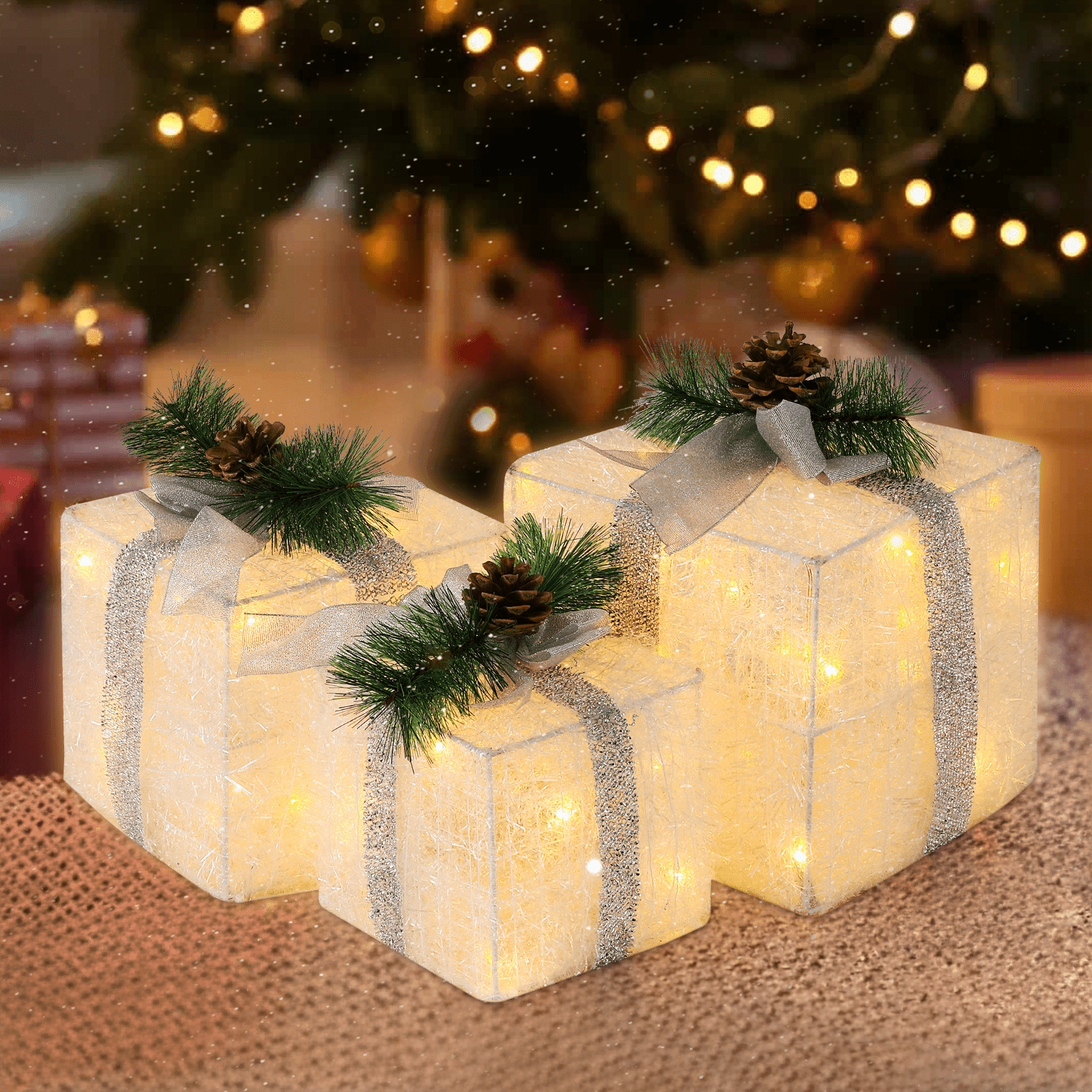 Magshion Set of 3 Christmas Lighted Gift Boxes, Plug-in LED Light up Xmas Present Boxes Ornaments for Outdoor Indoor Christmas Tree Yard Holiday Party Favors Home Decor, White