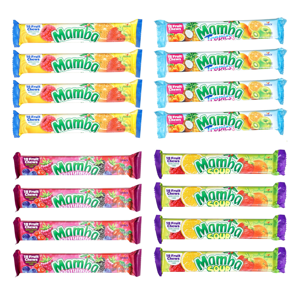 Mamba Sticks Snack Variety Pack, 16 Pack Mamba Candy, Original, Tropics, Sour, Tropics, Berrytasty