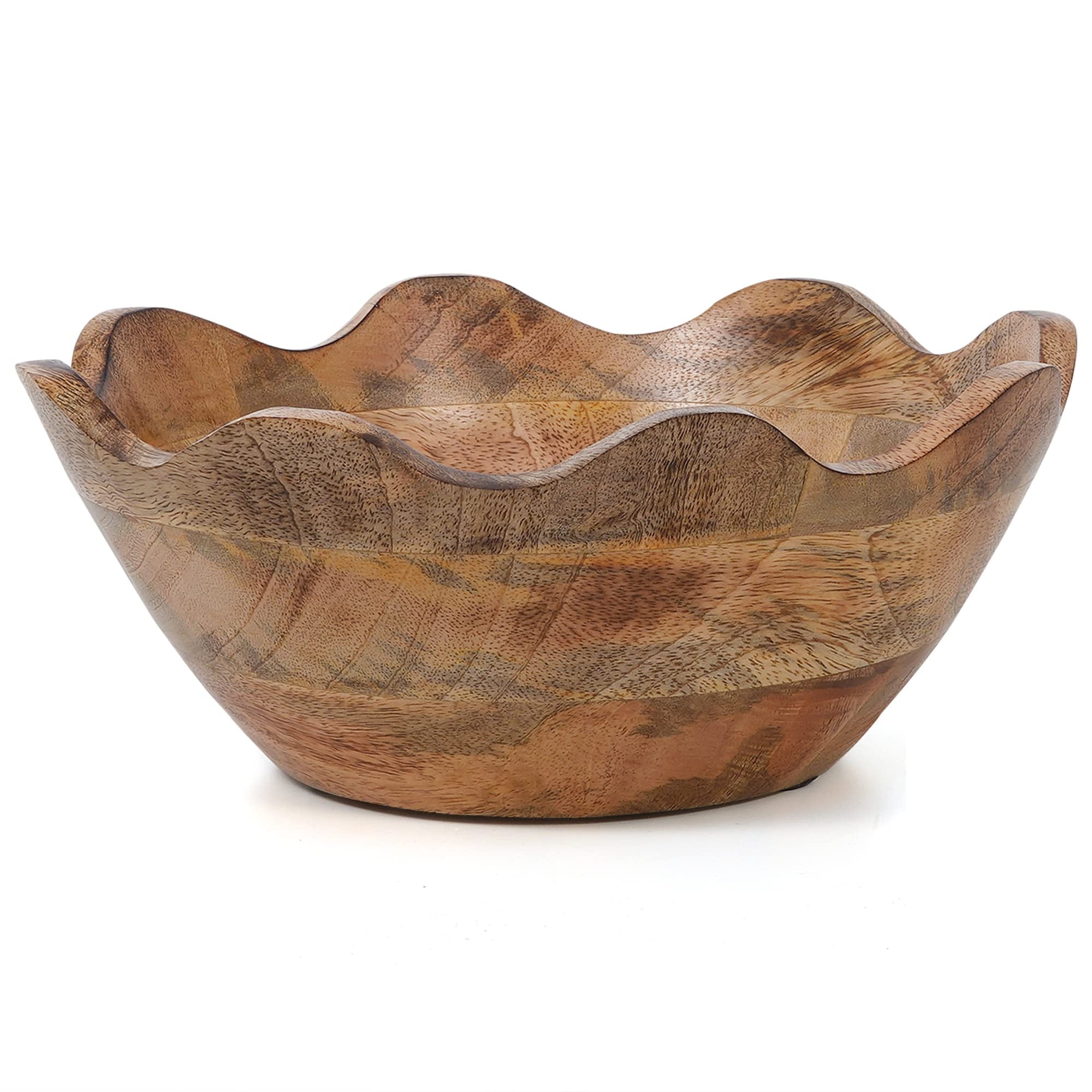 Mela Artisans Wooden Scalloped Bowl, Rustic Ruffle Decorative Bowl, Brown, Large