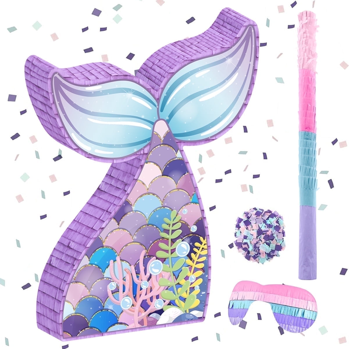 Mermaid Pinata,Mermaid Party Supplies, Mermaid Tail Pinata with Plastic Bat and Paper Blindfold for Kids Ocean Theme Party Game Carnival Activity Decoration (16.1''X12.4''X2.9'')