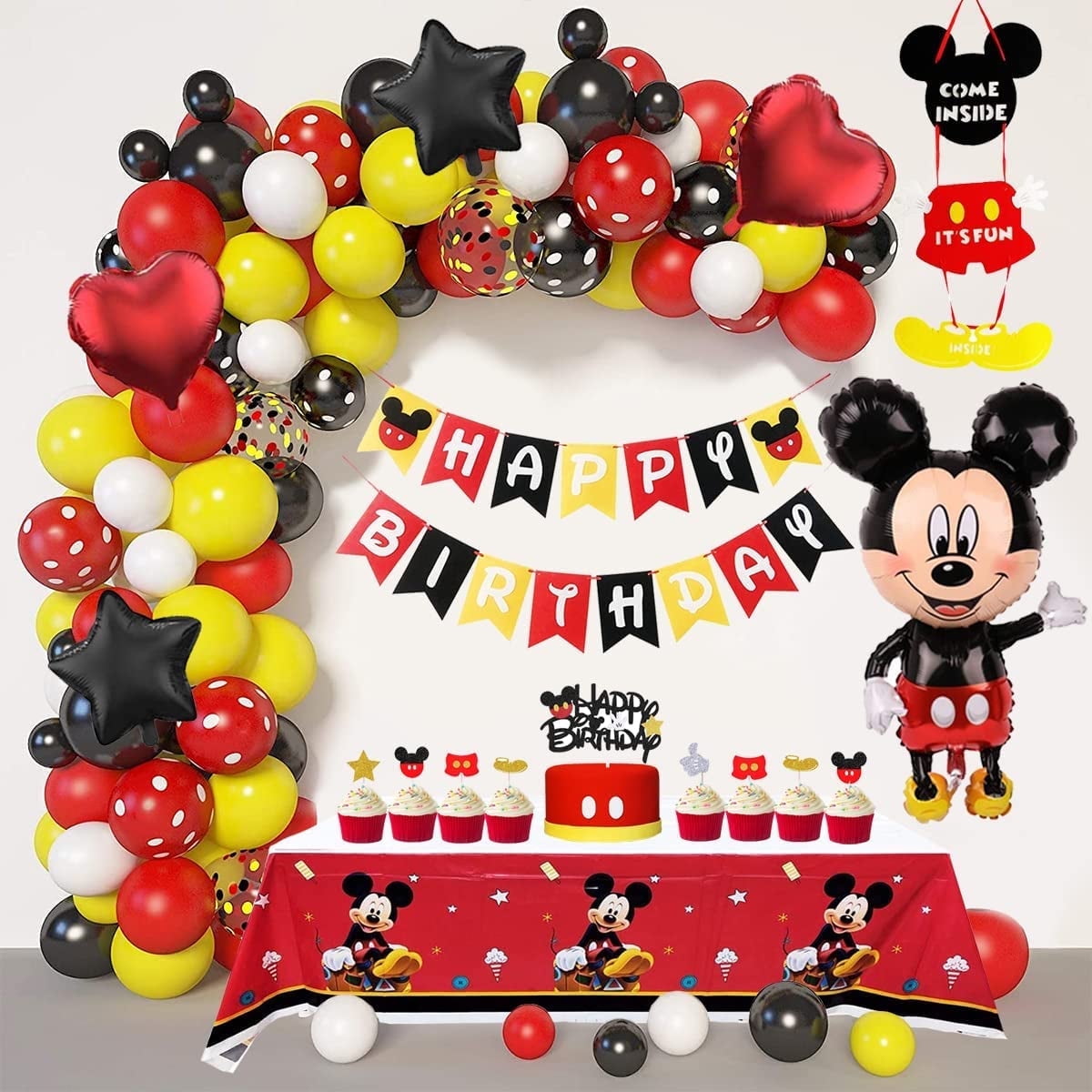 M - Mouse Birthday Decorations, Balloon Arch Garland kit, Happy Birthday Banner 45 Inch Giant Jumbo Mickey Mouse foil balloon, Door Sign Cake & Cupcake Toppers Confetti & Mylar Balloons Tablecloth