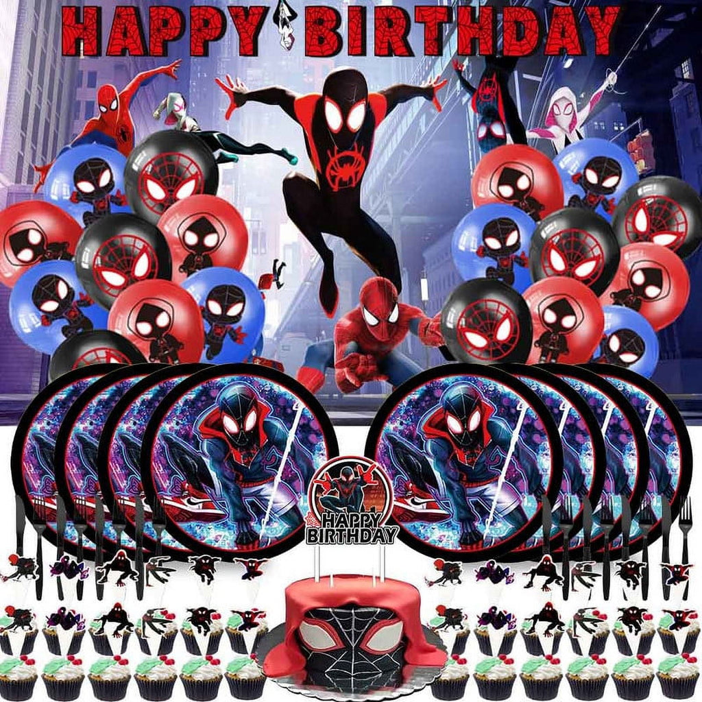 Miles Morales Party Supplies Plates Decorations Birthday Cake Topper Banner Decor Backdrop Balloons