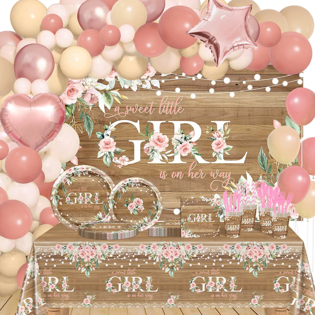 Mocsicka 295 PCS Rustic Baby Girl Shower Decorations A Sweet Little Girl Is on Her Way Banner Plates Napkins Cups Balloons Serve 24