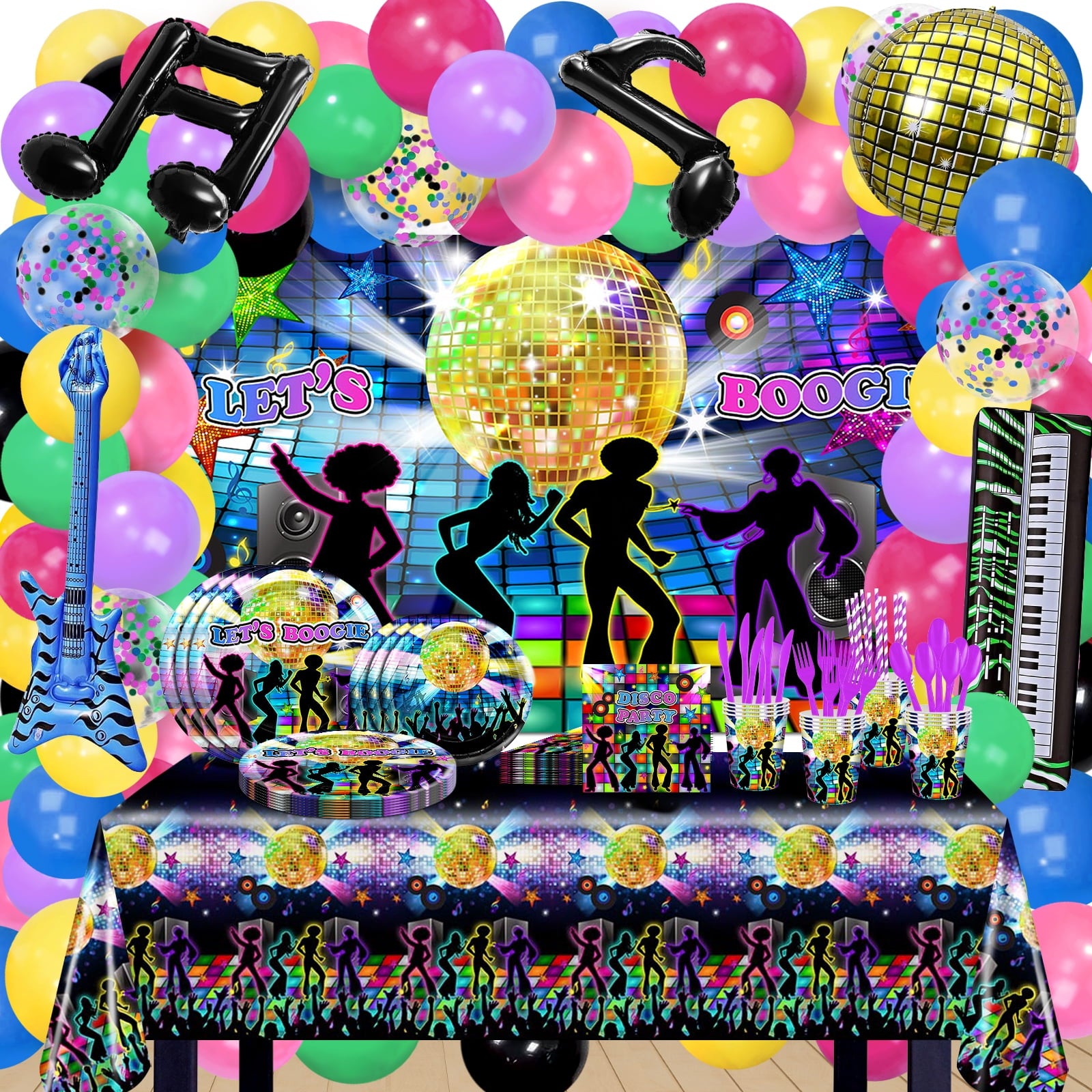 Mocsicka 70s Party Decorations 280 PCS Disco Party Decorations Kit Let's Boogie Backdrop Disco Balloons 70s Tableware Tablecloth Disco Party Supplies