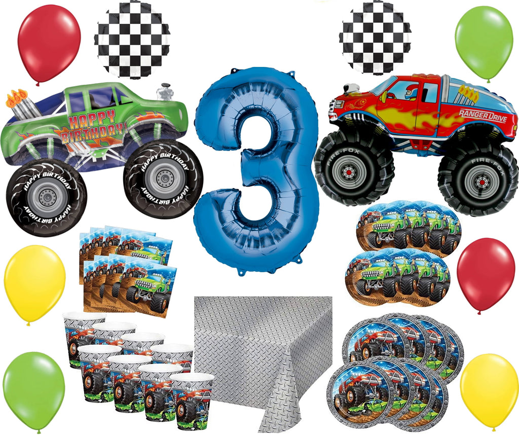 Monster Truck Rally 3rd Birthday Party Supplies 8 Guest Decoration Kit with Green and Red Monster Truck Balloon Bouquet