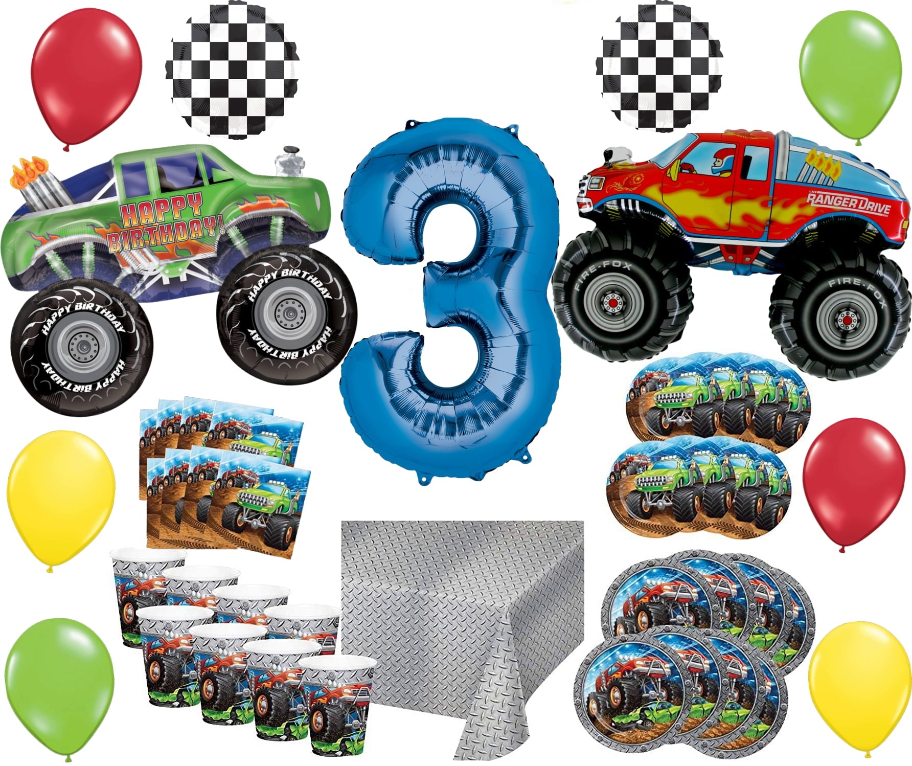 Monster Truck Rally 3rd Birthday Party Supplies 8 Guest Decoration Kit with Green and Red Monster Truck Balloon Bouquet