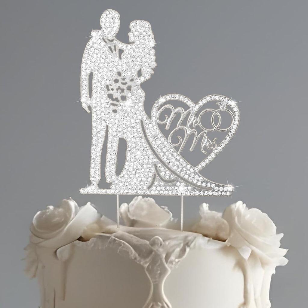 Mr and Mrs Cake Topper - 1Pcs Rhinestone Metal Love Bride and Groom Wedding Cake Topper - Silver Anniversary Party Bridal Shower Engagement Cake Decorations (Silver)