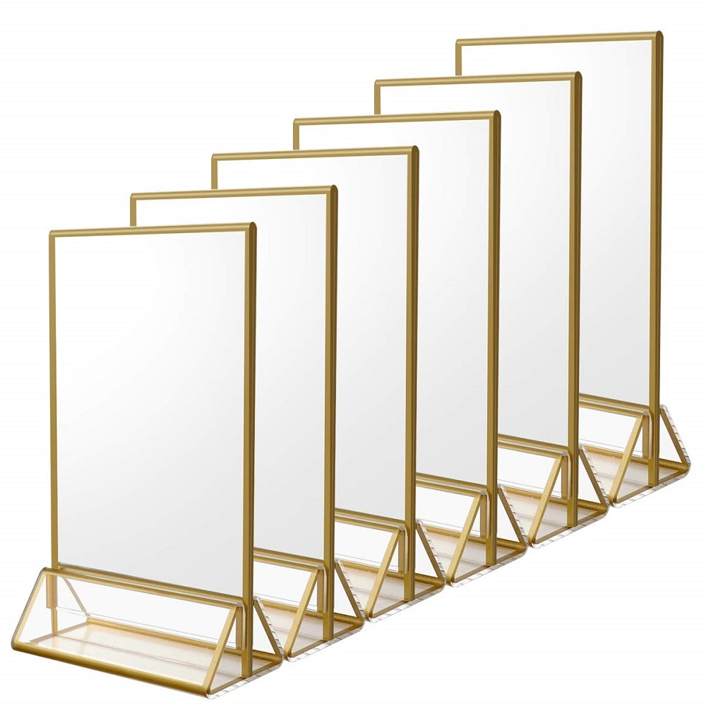 NIUBEE 6 x 4 Clear Acrylic Sign Holder,Gold Frame Double Sided Table Menu Holders Picture Frames, Photos Holder Stand for Wedding Table Number, Restaurant Sign Holder,6Pcs