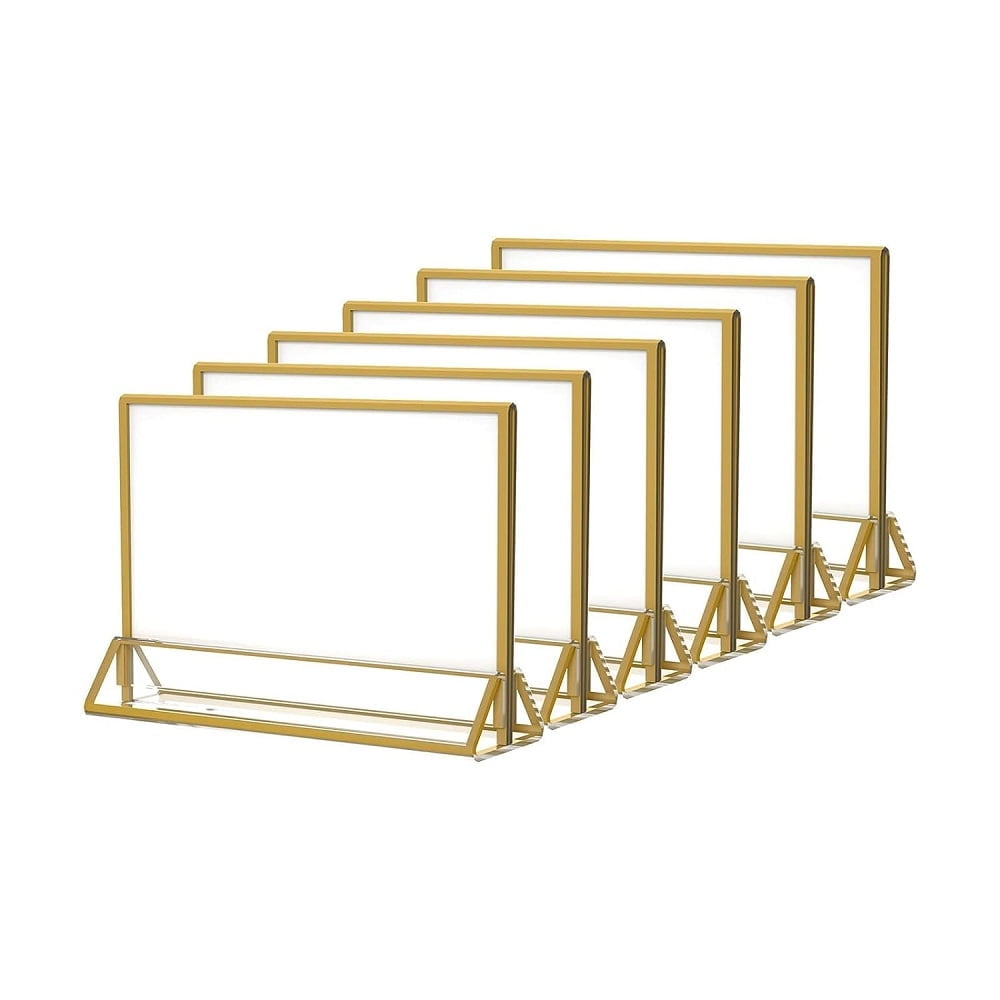 NIUBEE 6 x 4 Clear Acrylic Sign Holder,Gold Frame Double Sided Table Menu Holders Picture Frames, Photos Holder Stand for Wedding Table Number, Restaurant Sign Holder,6Pcs