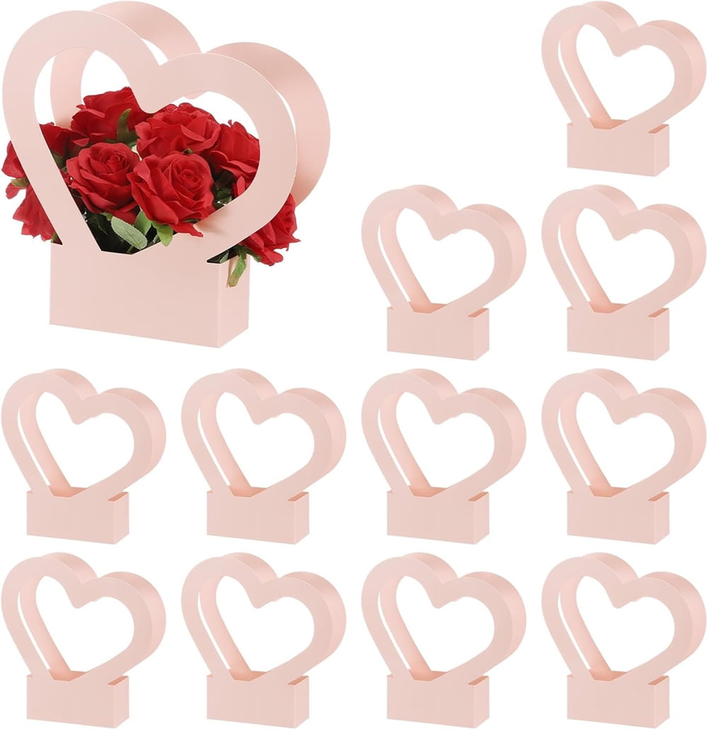 NOGIS Heart Shaped Boxes for Flowers, 12 Pack Empty Arrangement Bouquet Gift Bags with Handle for Party Wedding Graduation, Pink and Black