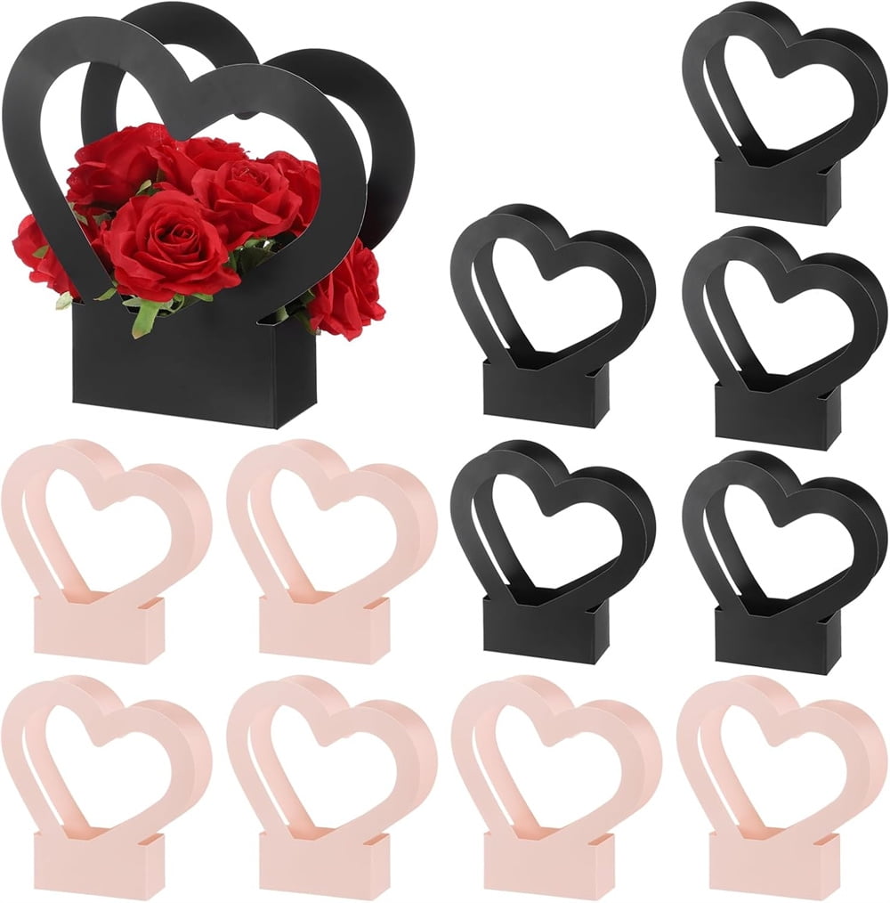 NOGIS Heart Shaped Boxes for Flowers, 12 Pack Empty Arrangement Bouquet Gift Bags with Handle for Party Wedding Graduation, Pink and Black