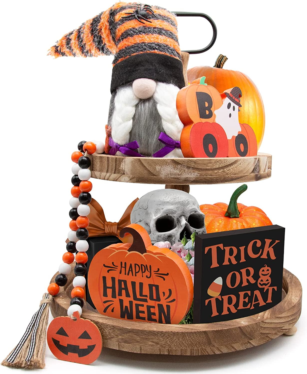 NXN-HOME Halloween Tiered Tray Decorations Including Trick or Treat Wooden Signs, Cute Gnomes Plush and Bead Garland