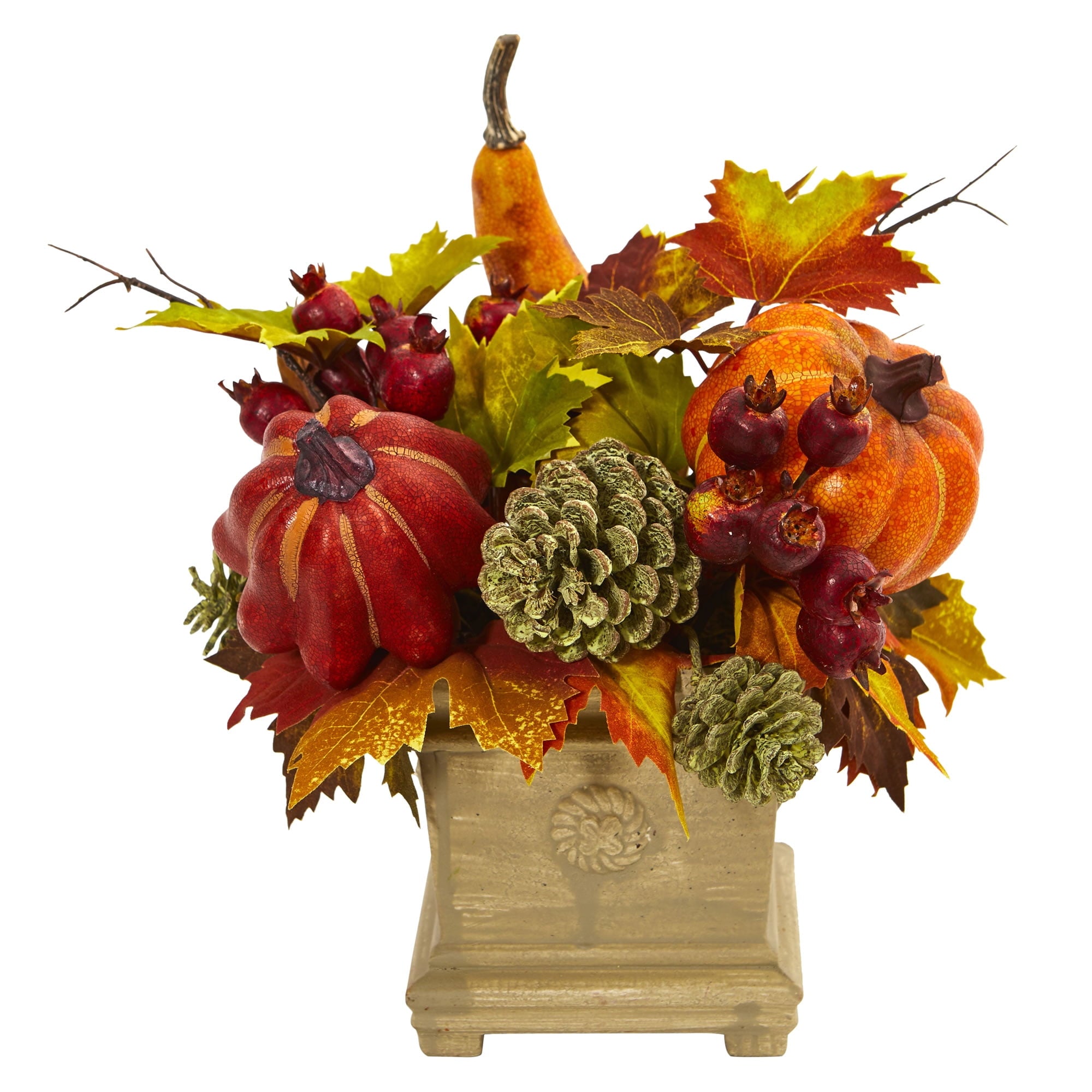Nearly Natural 11" Pumpkin, Gourd, Berry and Maple Leaf Artificial Plant, Orange