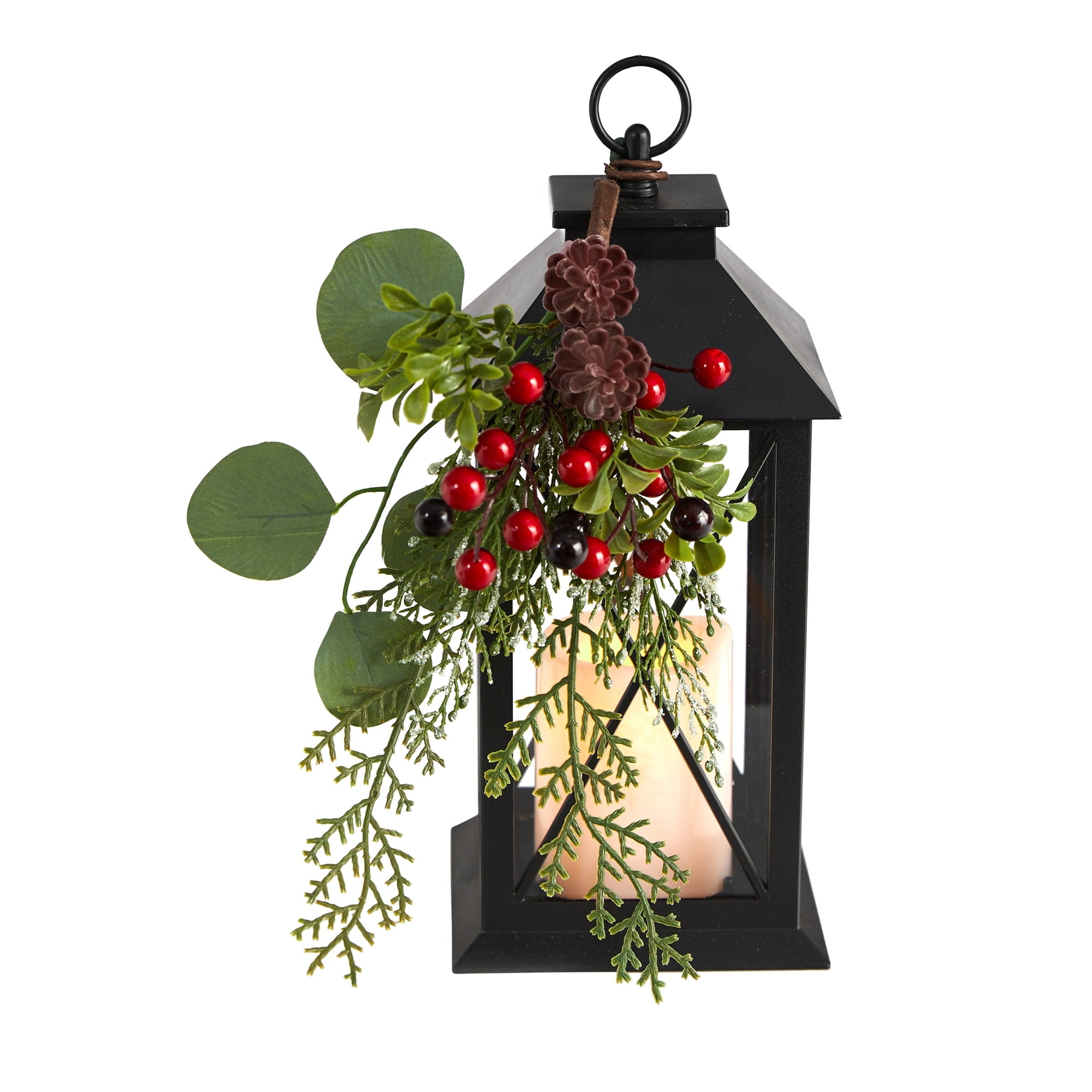 Nearly Natural 12in. Holiday Berries and Greenery Metal Lantern Artificial Table Christmas Arrangement with LED Candle Included