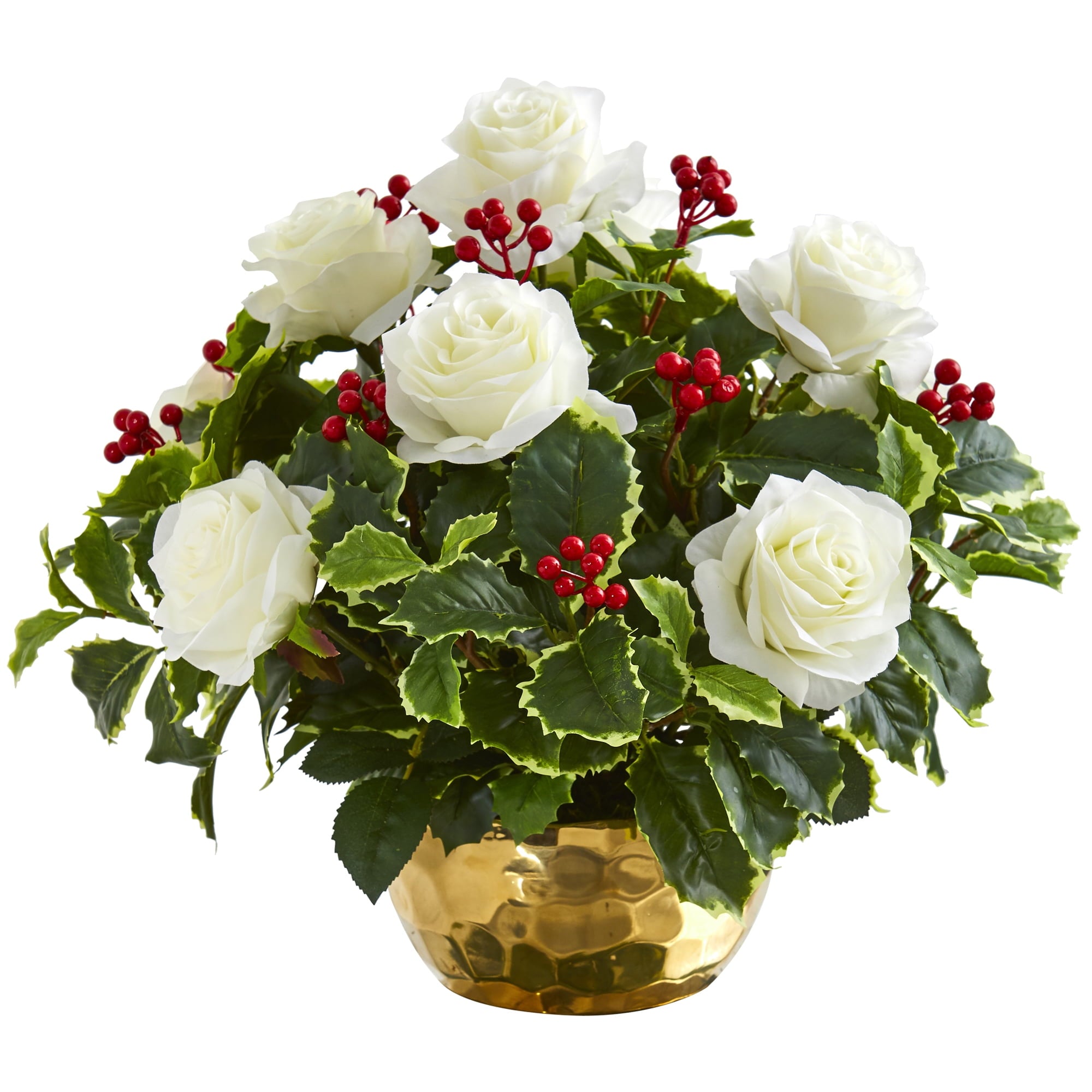 Nearly Natural 15in. Rose and Variegated Holly Leaf Artificial Arrangement in Gold Bowl, White