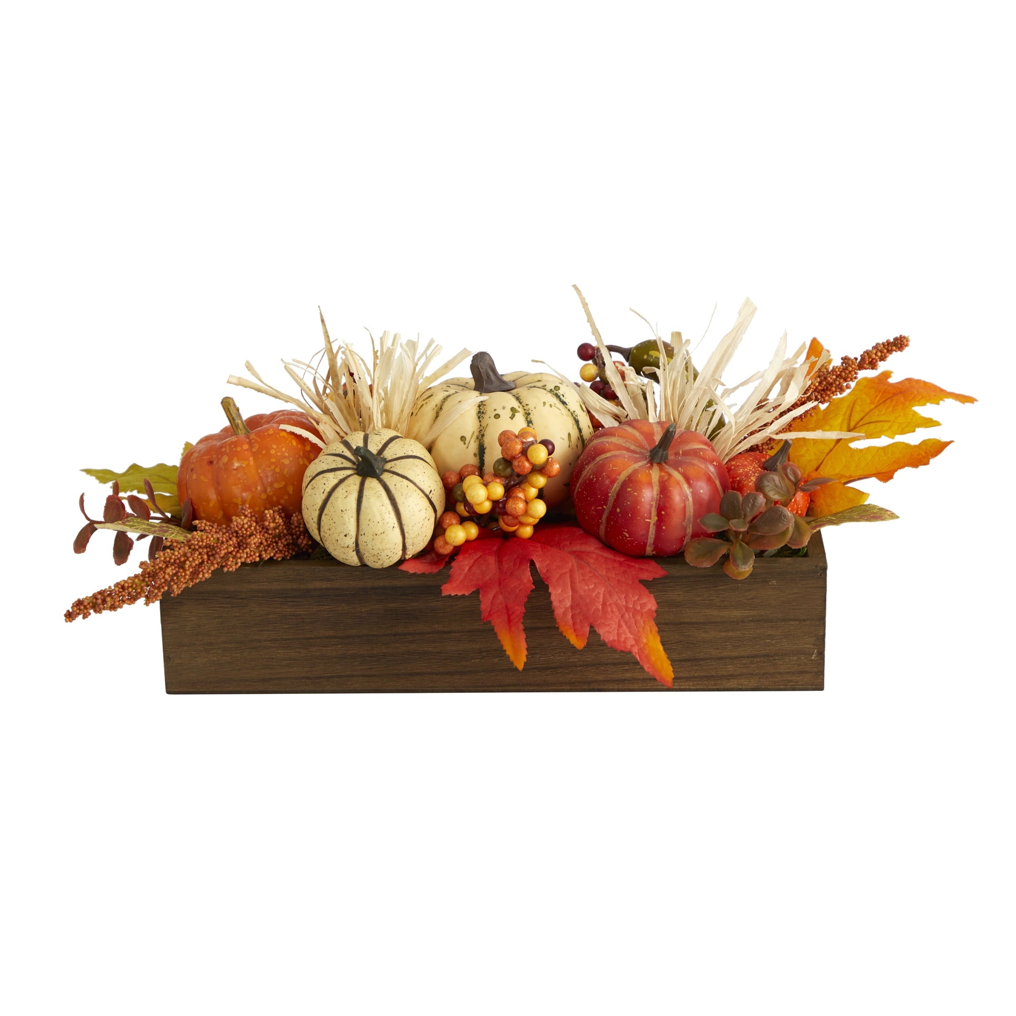 Nearly Natural 16" Harvest Pumpkin and Berries Artificial Flowers Arrangement in Wood Vase, Orange