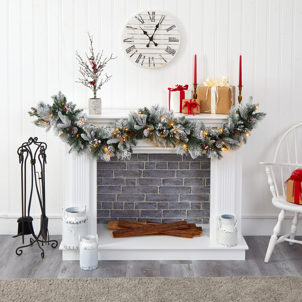 Nearly Natural 6' Flocked Mixed Pine Artificial Christmas Garland with LED Lights