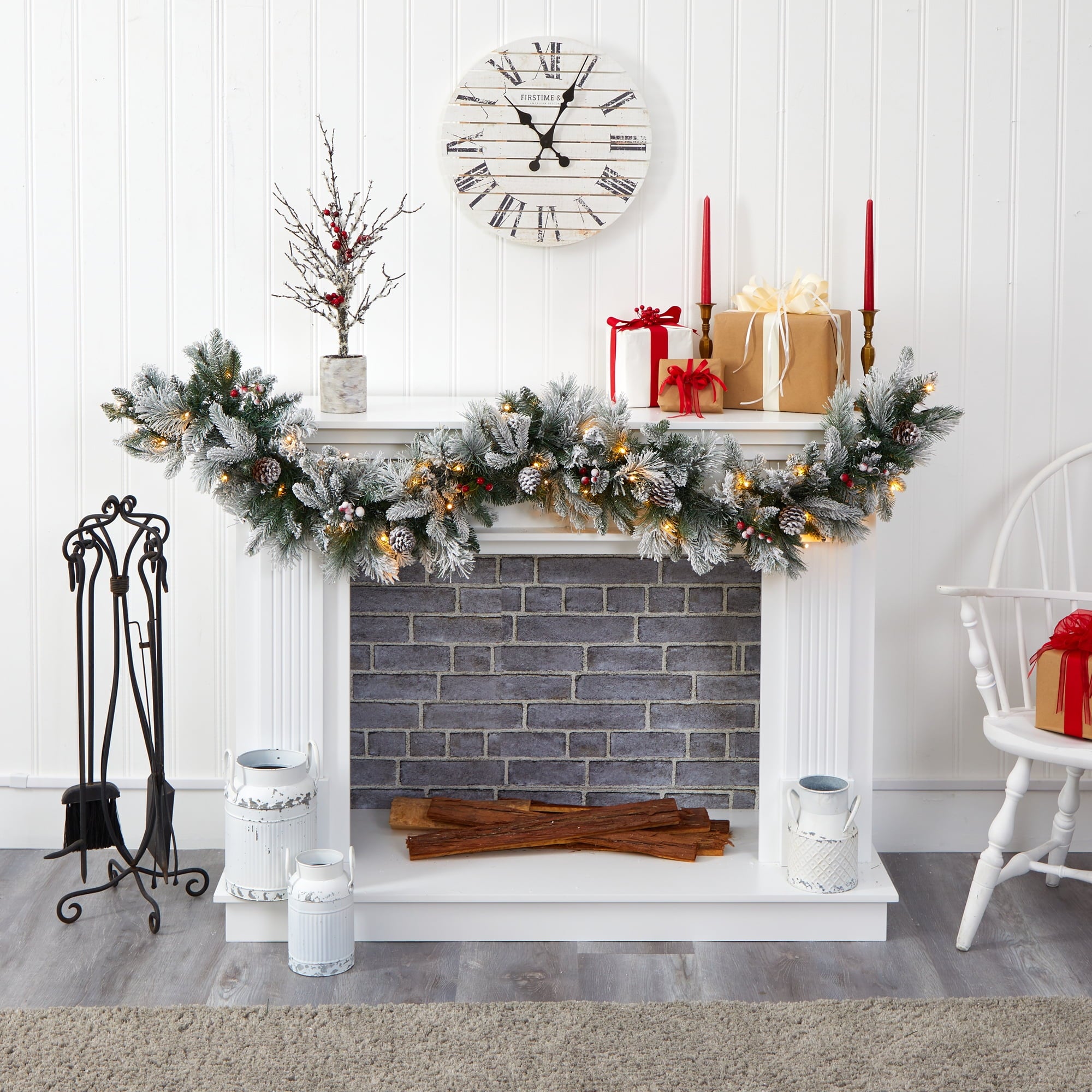 Nearly Natural 6' Flocked Mixed Pine Artificial Christmas Garland with LED Lights